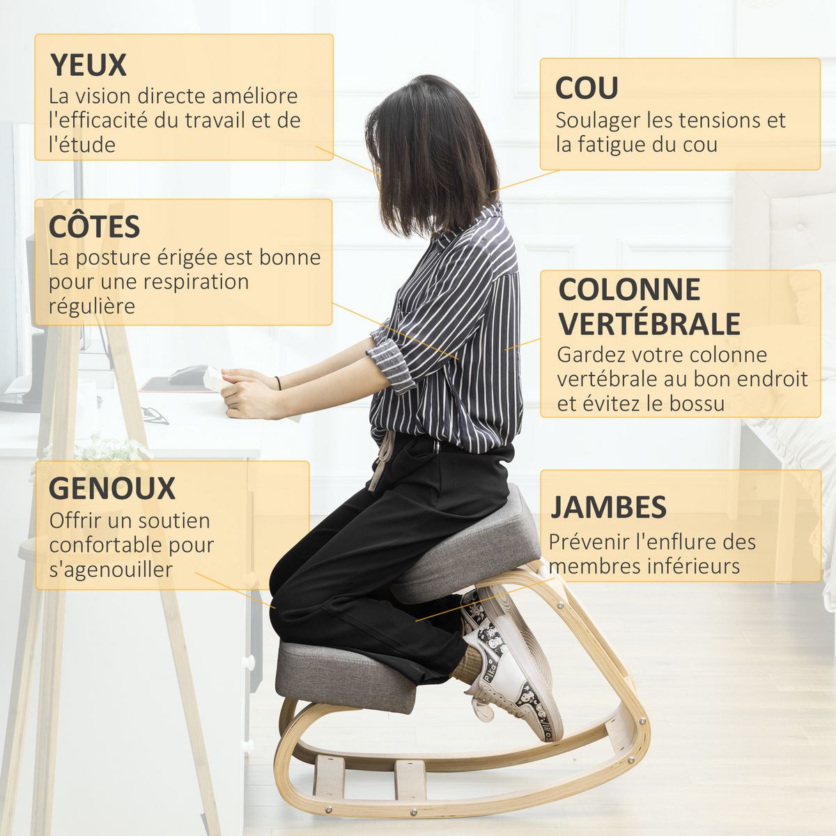 VINSETTO Tabouret ergonomique - siège assis à genoux - chaise à genoux grand confort - bois bouleau polyester gris