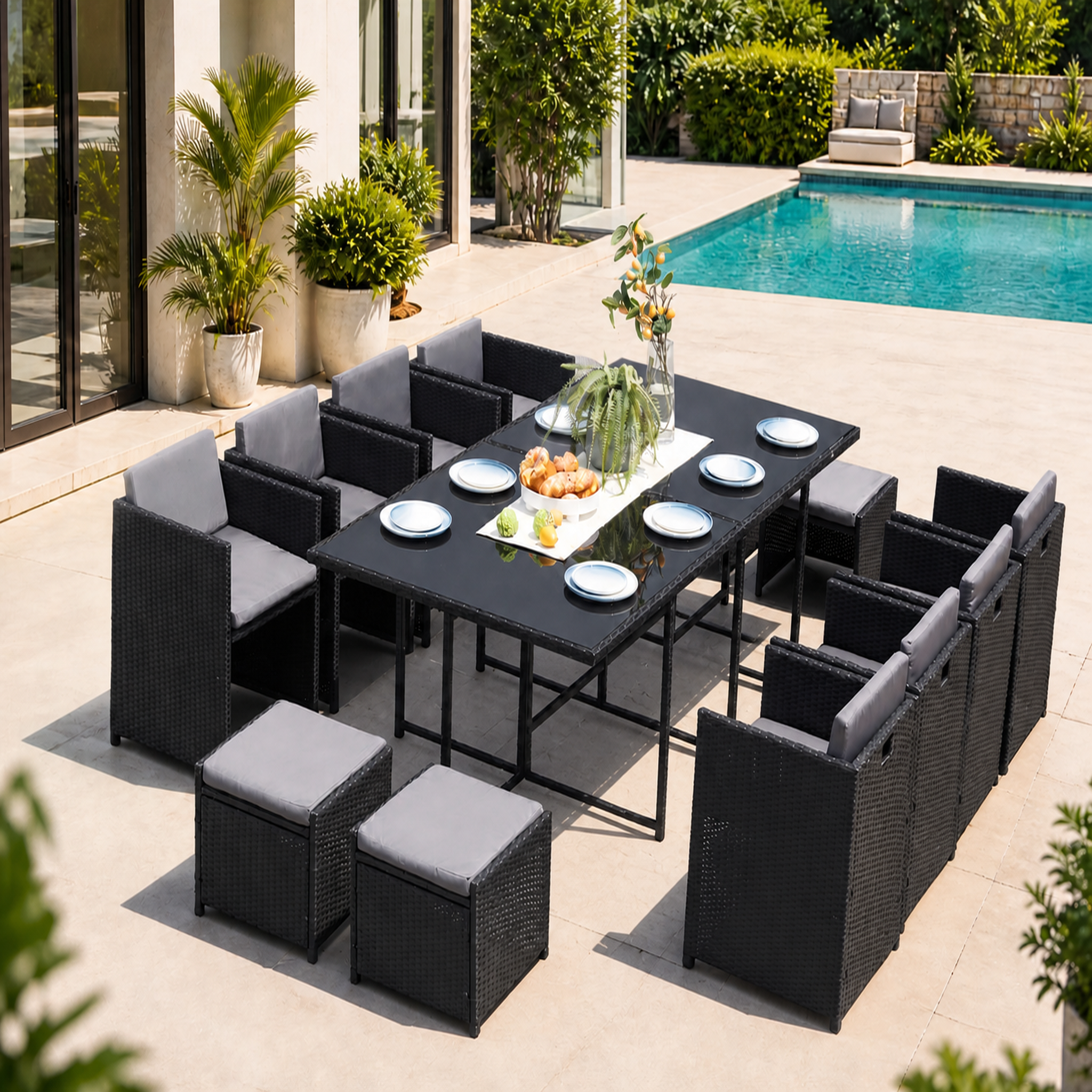 Voir la diapositive 2 : CONCEPT USINE Table et chaises 12 places encastrables en résine noir-gris miami