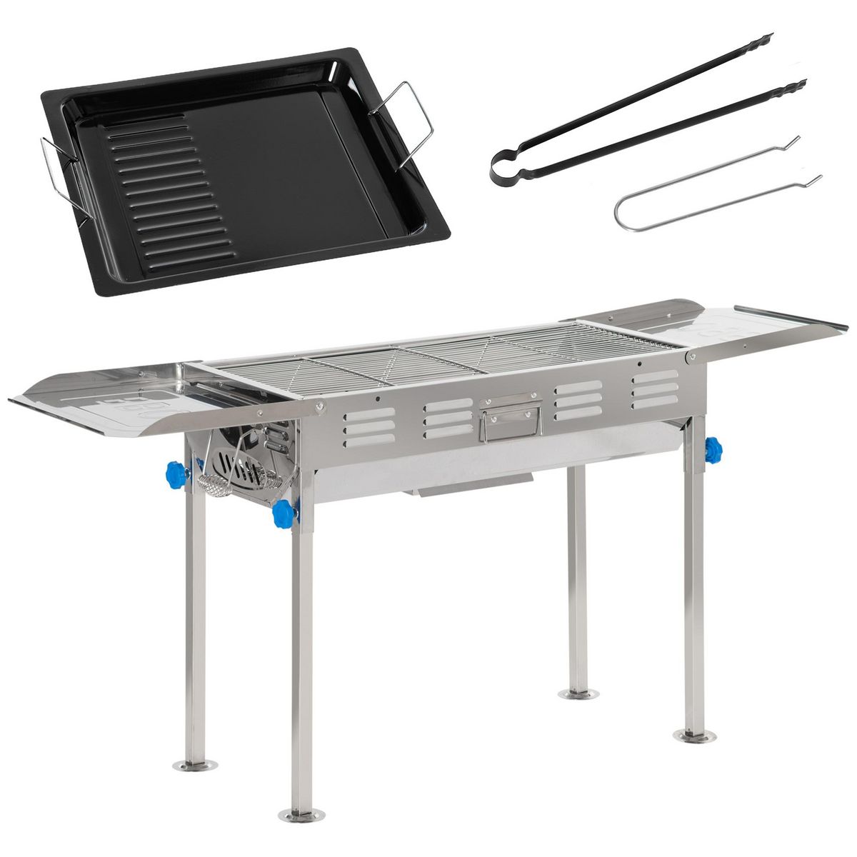 OUTSUNNY Barbecue à charbon pliable portable réglable BBQ grill sur pied avec tablettes rabattables, grille, plaque teppanyaki, pinces, récupérateur cendres acier inox.