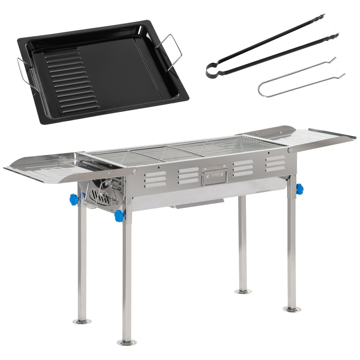 OUTSUNNY Barbecue à charbon pliable portable réglable BBQ grill sur pied avec tablettes rabattables, grille, plaque teppanyaki, pinces, récupérateur cendres acier inox.