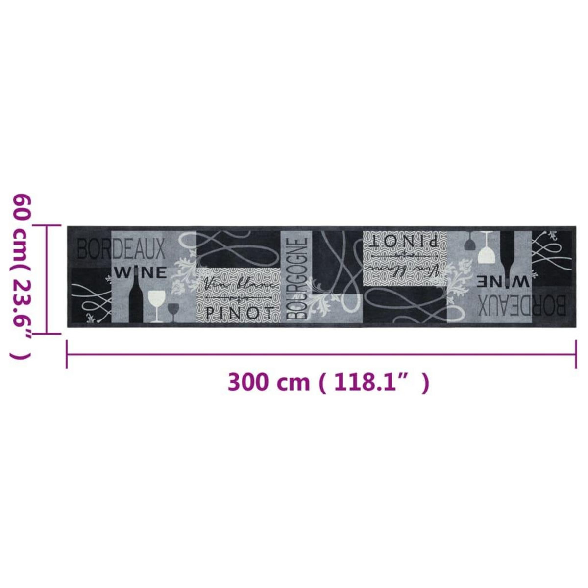 VIDAXL Tapis de cuisine lavable imprime Wine gris 60x300 cm velours
