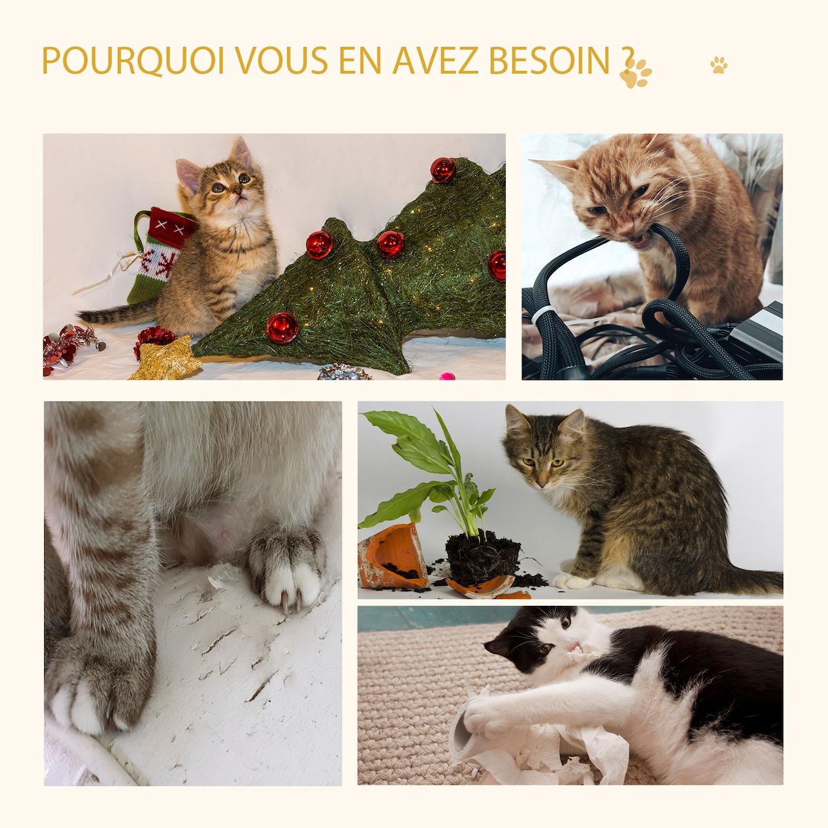 PAWHUT Arbre à chat 2 griffoirs niche entrée tête de chat plateforme d'observation jouet suspendu coussins amovibles peluche grande douceur aspect bois clair
