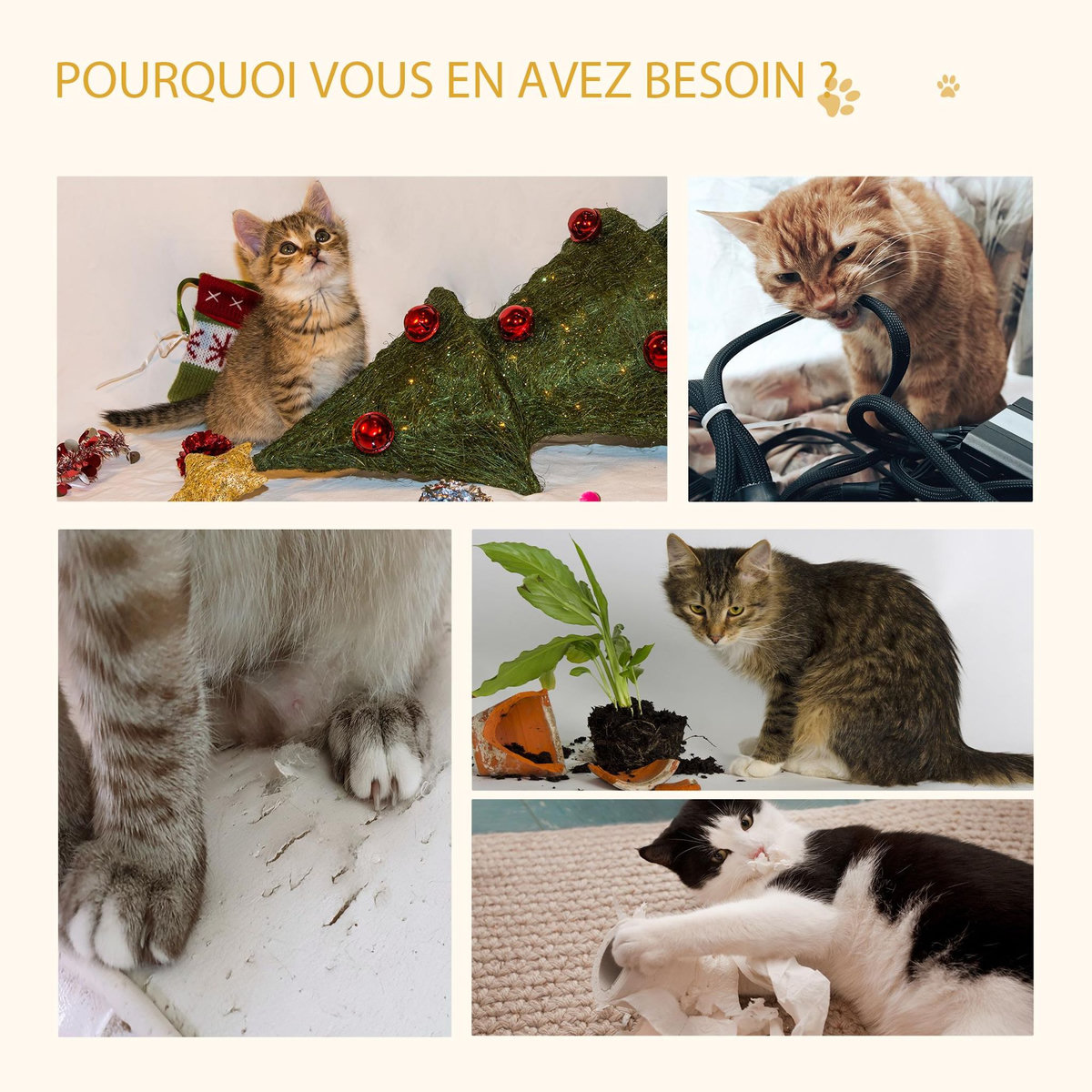 PAWHUT Arbre à chat 2 griffoirs niche entrée tête de chat plateforme d'observation jouet suspendu coussins amovibles peluche grande douceur aspect bois clair