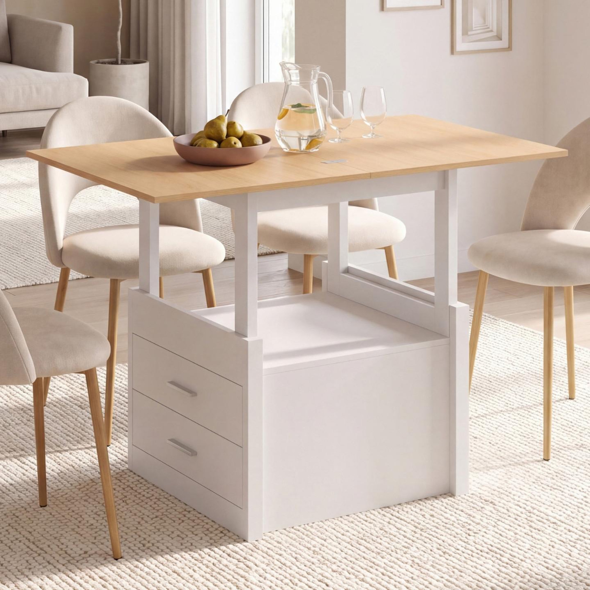 Voir la diapositive 5 : ID MARKET Table basse extensible et relevable en table à manger AMAYA 120 cm 2 modules avec 2 tiroirs blanc et bois
