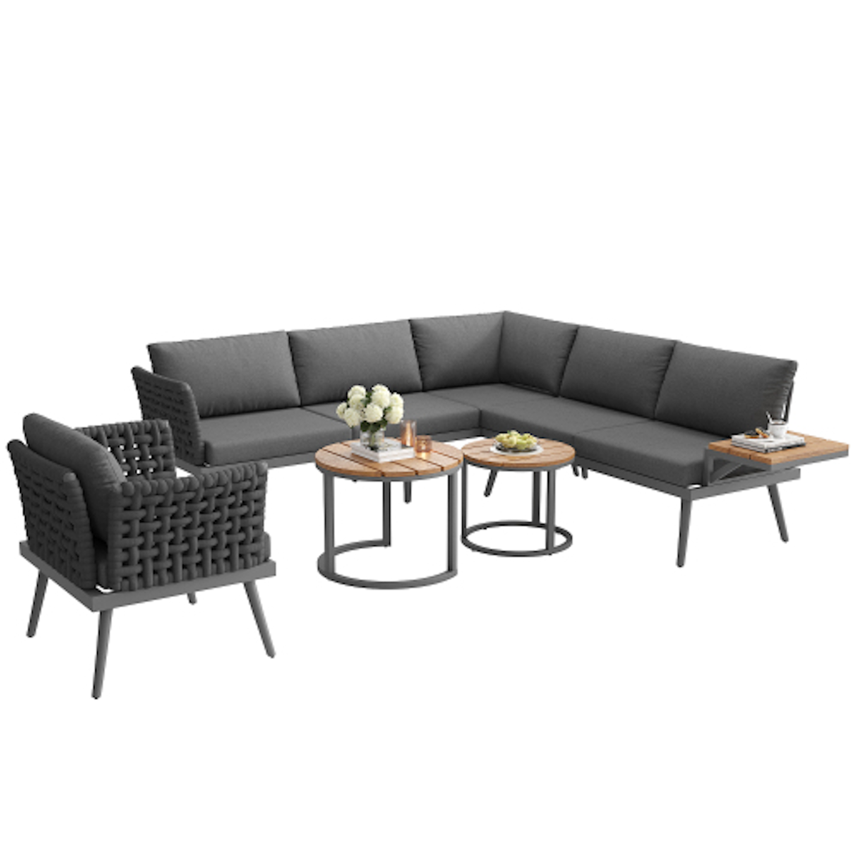 MERAX Salon de jardin 6 places en métal avec canapé d'angle, 2 tables basses en bois, fauteuils et coussins