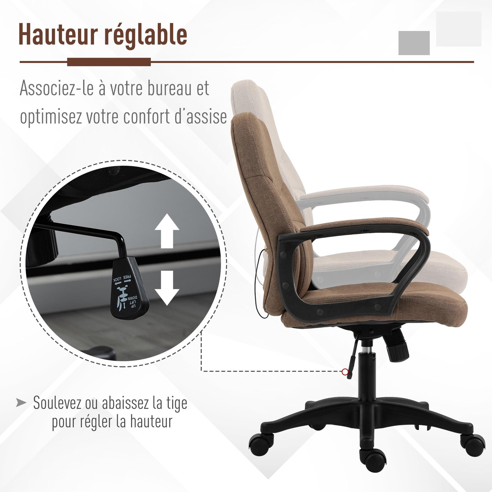 Voir la diapositive 5 : VINSETTO Vinsetto Chaise de bureau fauteuil bureau massant pivotant hauteur réglable tissu lin marron