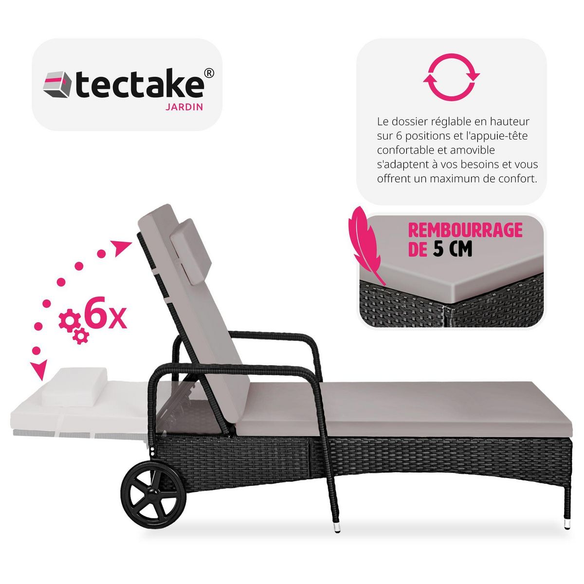 tectake Bain de soleil Transat en rotin Avec cadre en aluminium noir