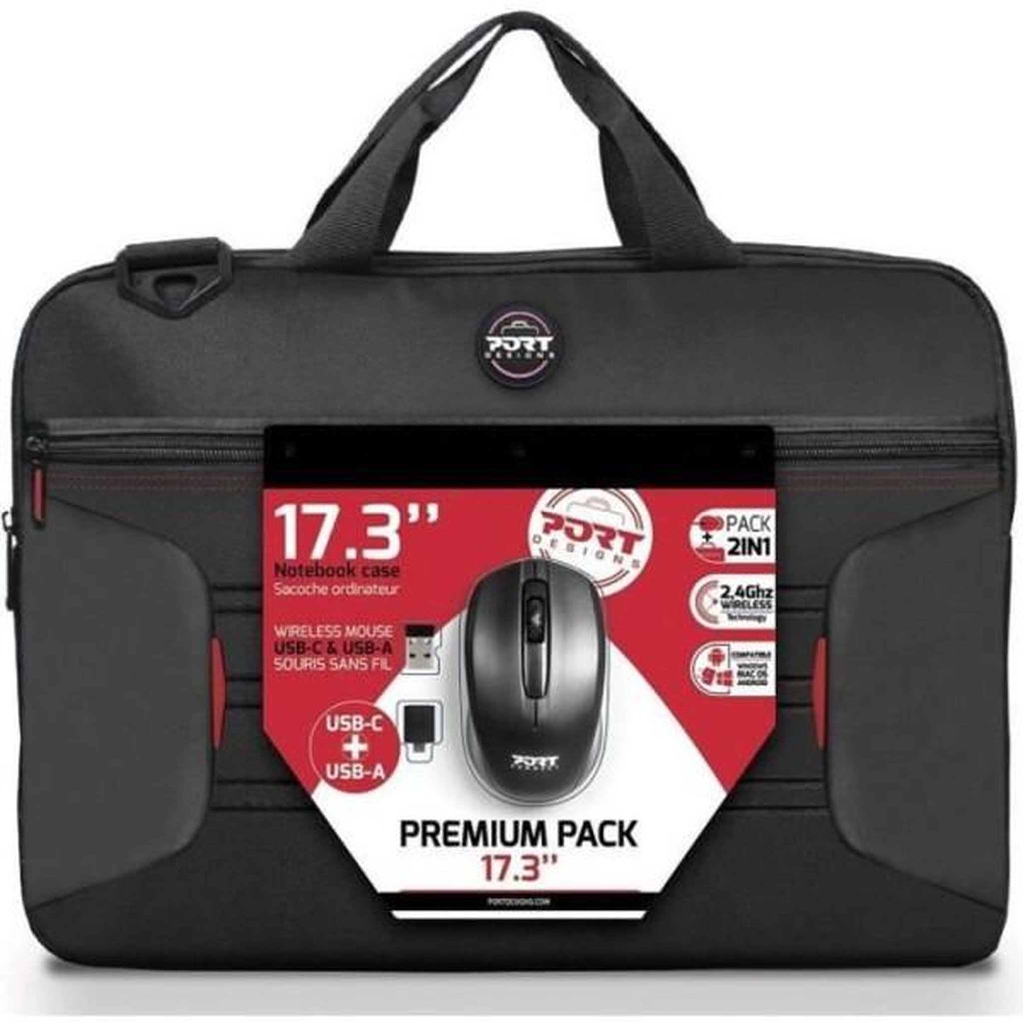 PORT DESIGNS PREMIUM PACK : Sacoche pour PC Portable 17 + Souris sans fil + Dungle USB & Adaptateur Type C