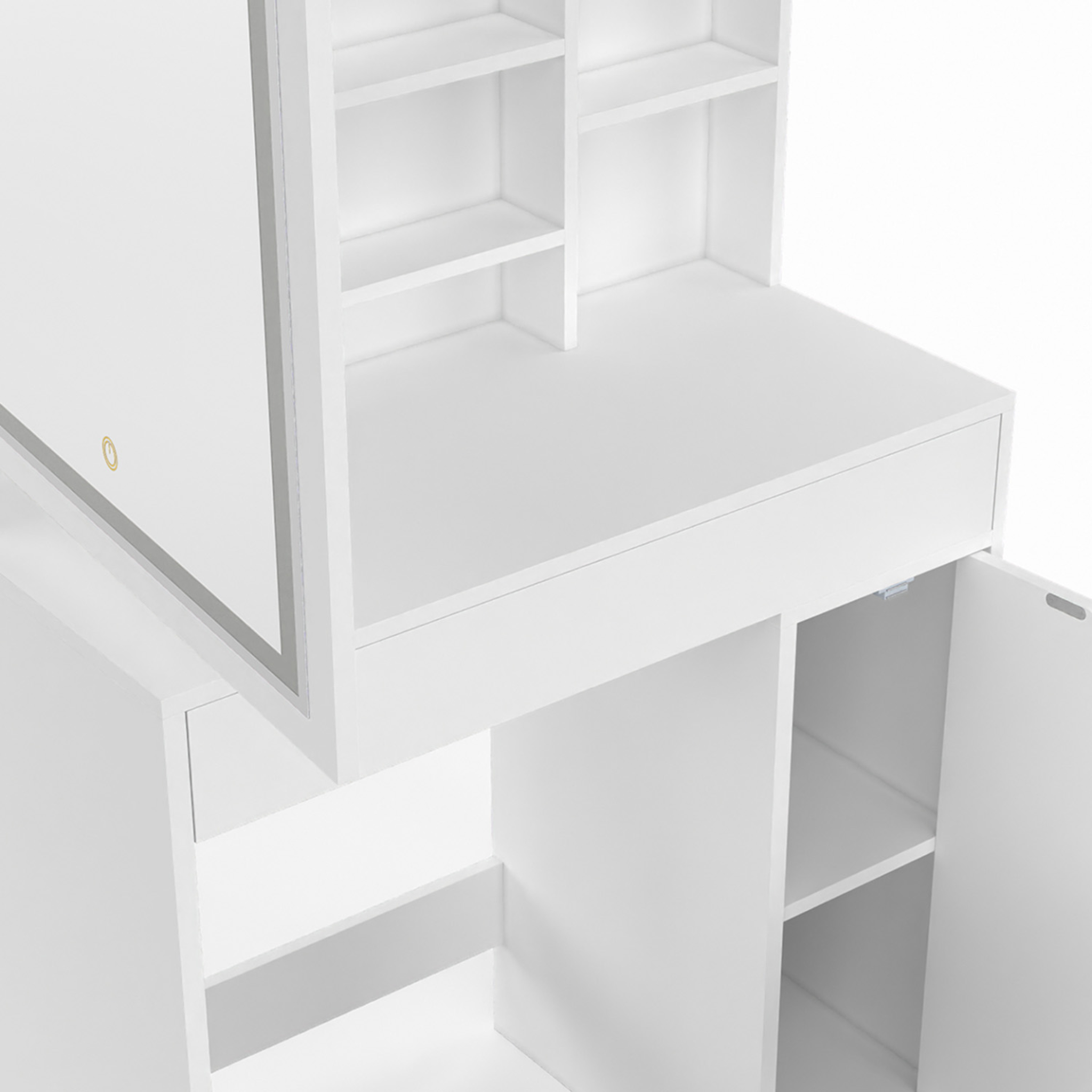 Voir la diapositive 6 : ID MARKET Coiffeuse zelia blanche miroir led avec rangement, 1 tiroir, 1 caisson de rangement et tabouret rembourré