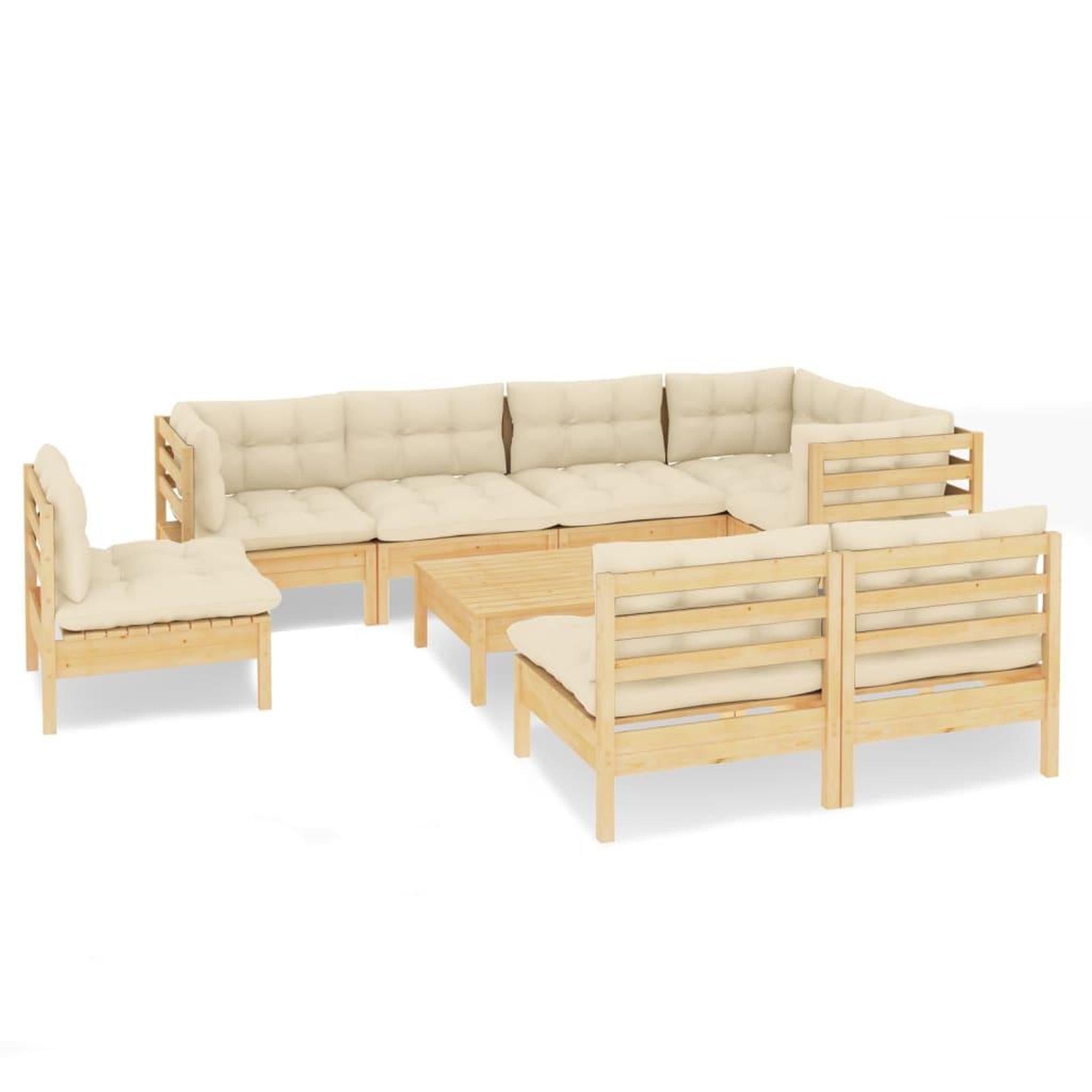 Voir la diapositive 2 : VIDAXL Salon de jardin 9 pcs avec coussins creme bois de pin massif