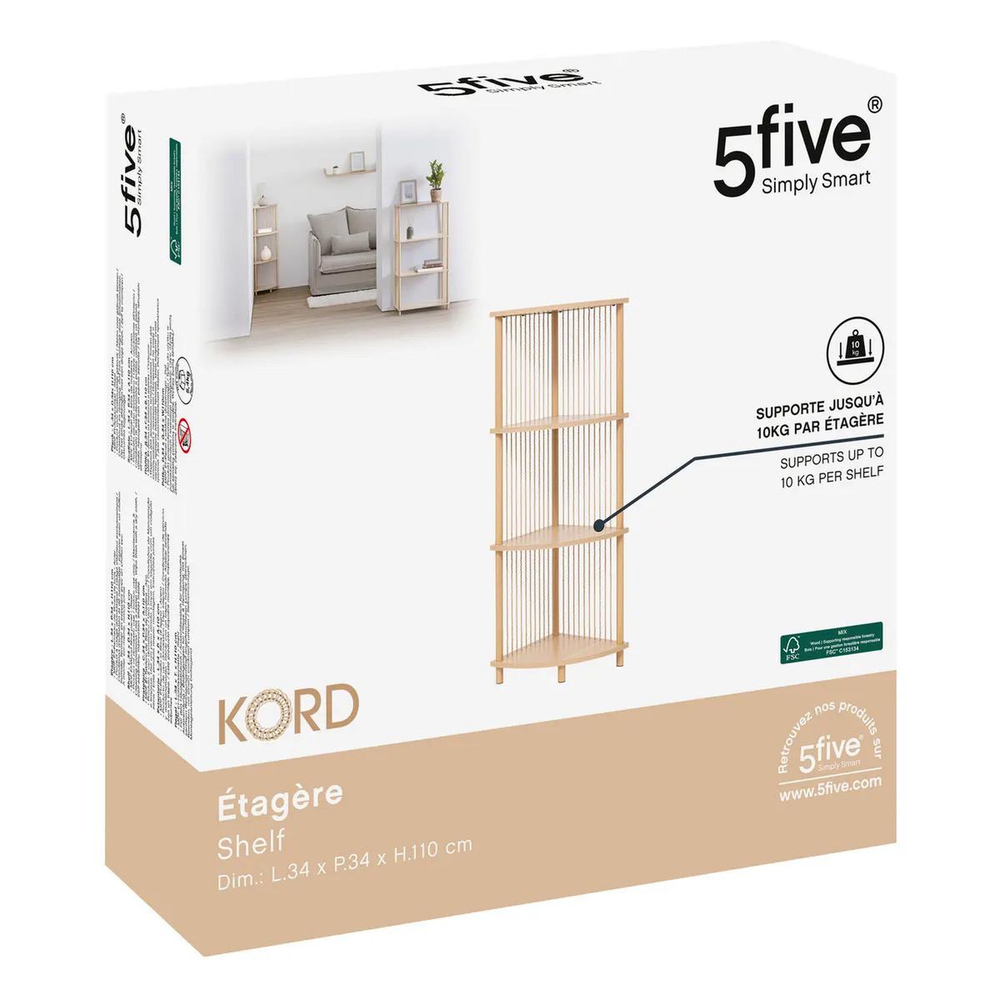 Voir la diapositive 4 : FIVE Étagère d'angle 4 niveaux  kord  110cm naturel