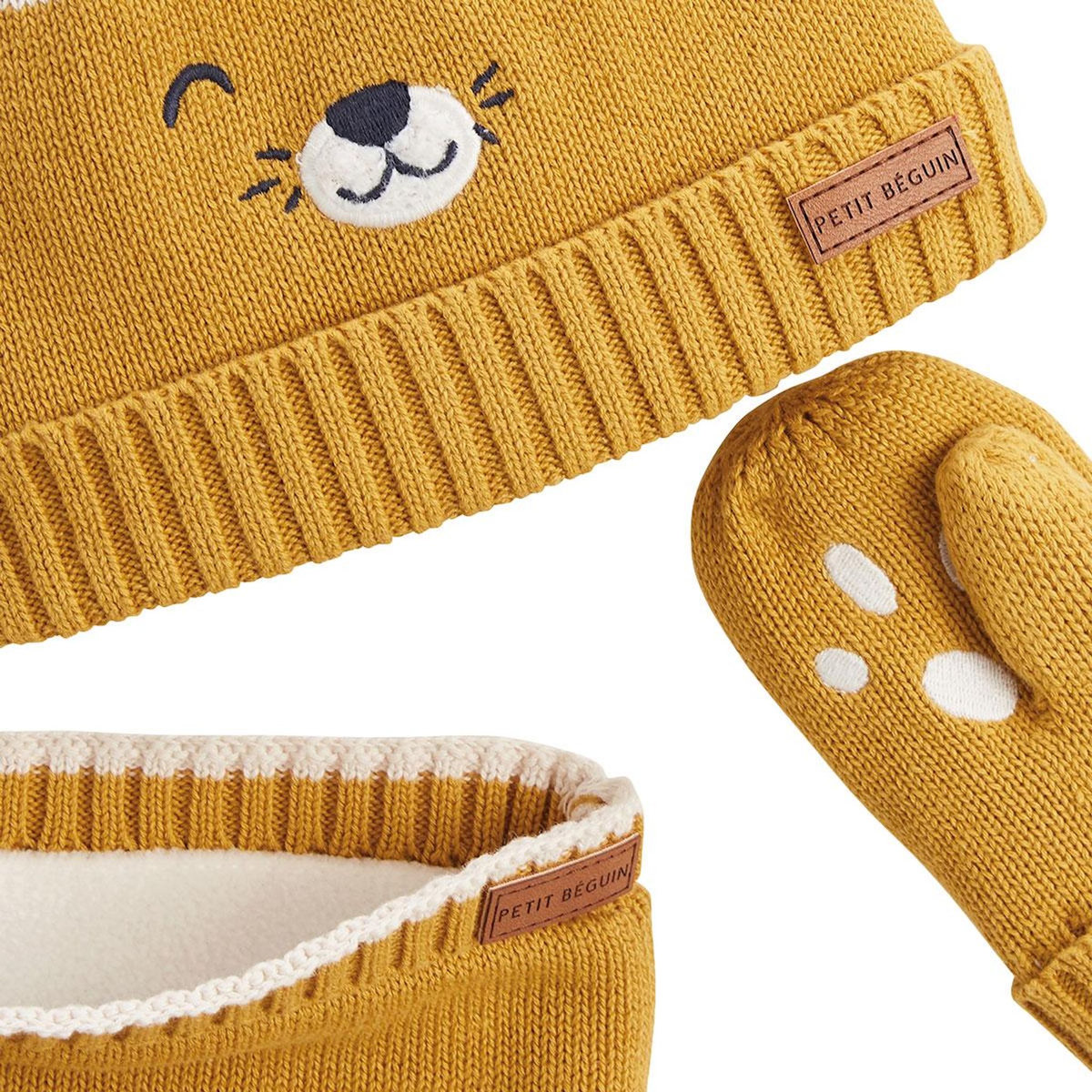 Petit Béguin Ensemble bonnet, moufles et cache-cou enfant en tricot Charly