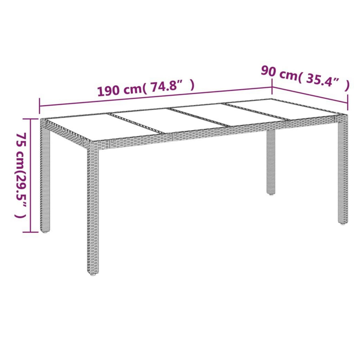 VIDAXL Table de jardin dessus en verre Noir 190x90x75cm Resine tressee