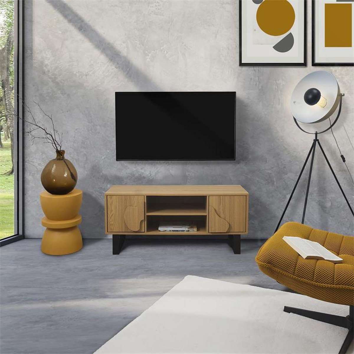 The Home Deco Factory Meuble TV 2 portes et 2 niches CALYPSO - Beige et noir