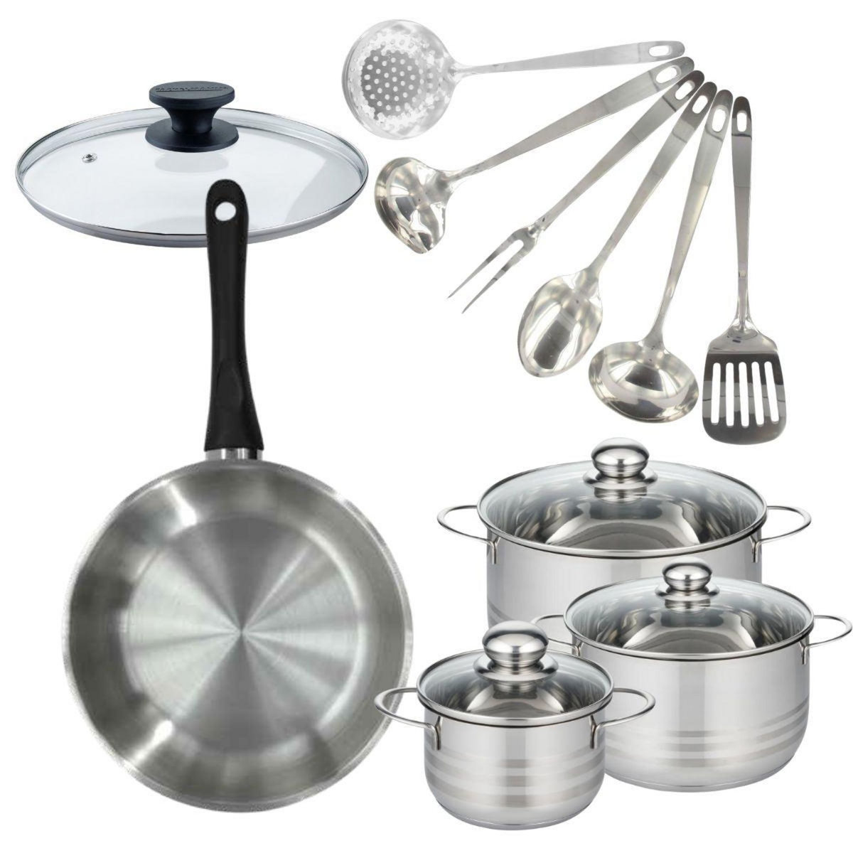 Fackelmann Set de 1 poêle 28 cm inox, couvercle verre, 3 faitouts inox 16, 20 et 24 cm et 6 ustensiles inox Fackelmann Geneva