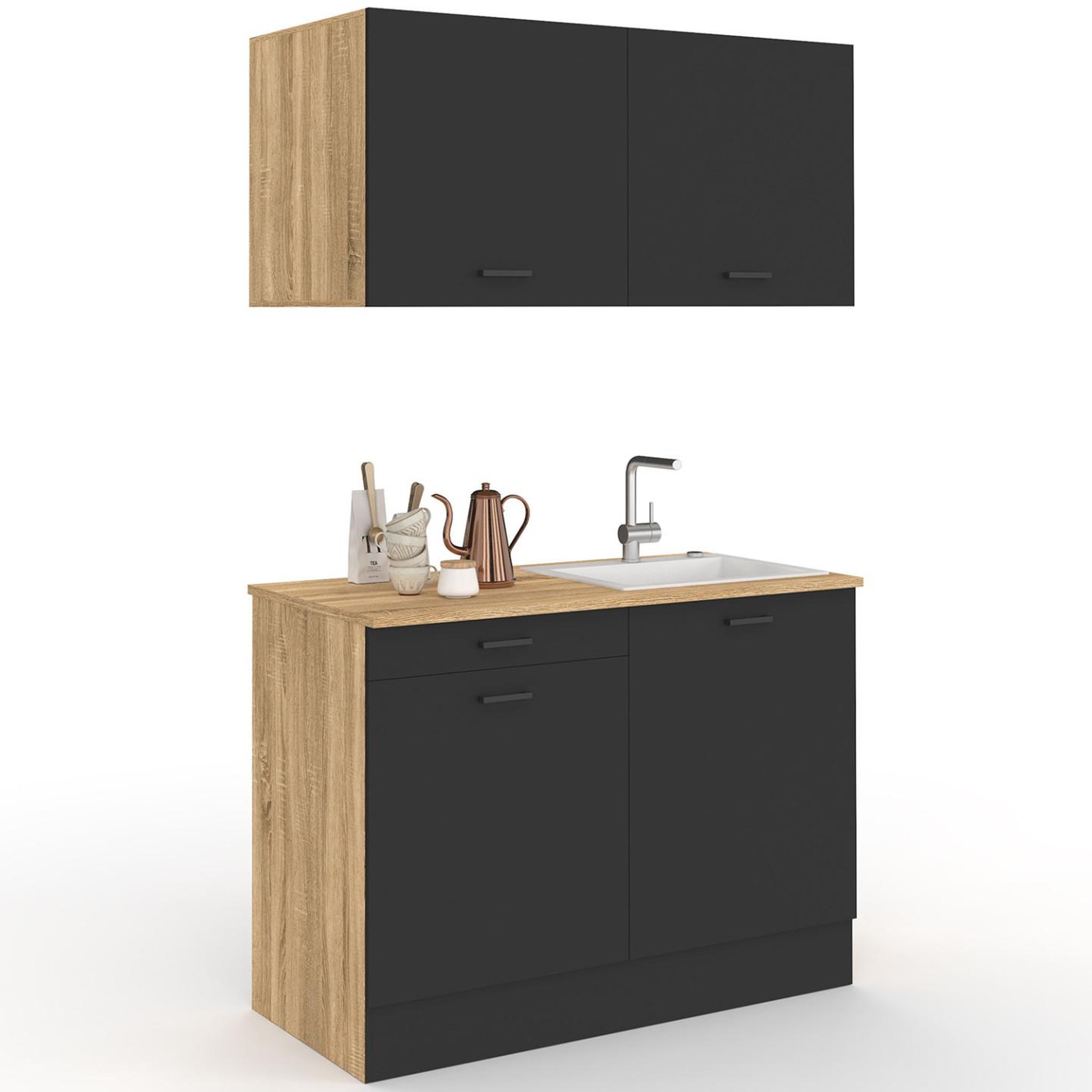 ID MARKET Cuisine complète kitchenette 120 cm stil avec plan de travail 3 éléments bois et noir