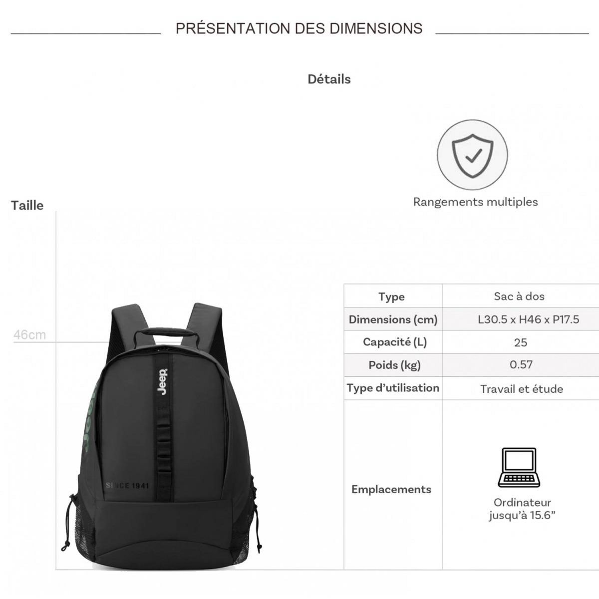 Jeep Sac à dos porte-ordinateur JS011B 15.6