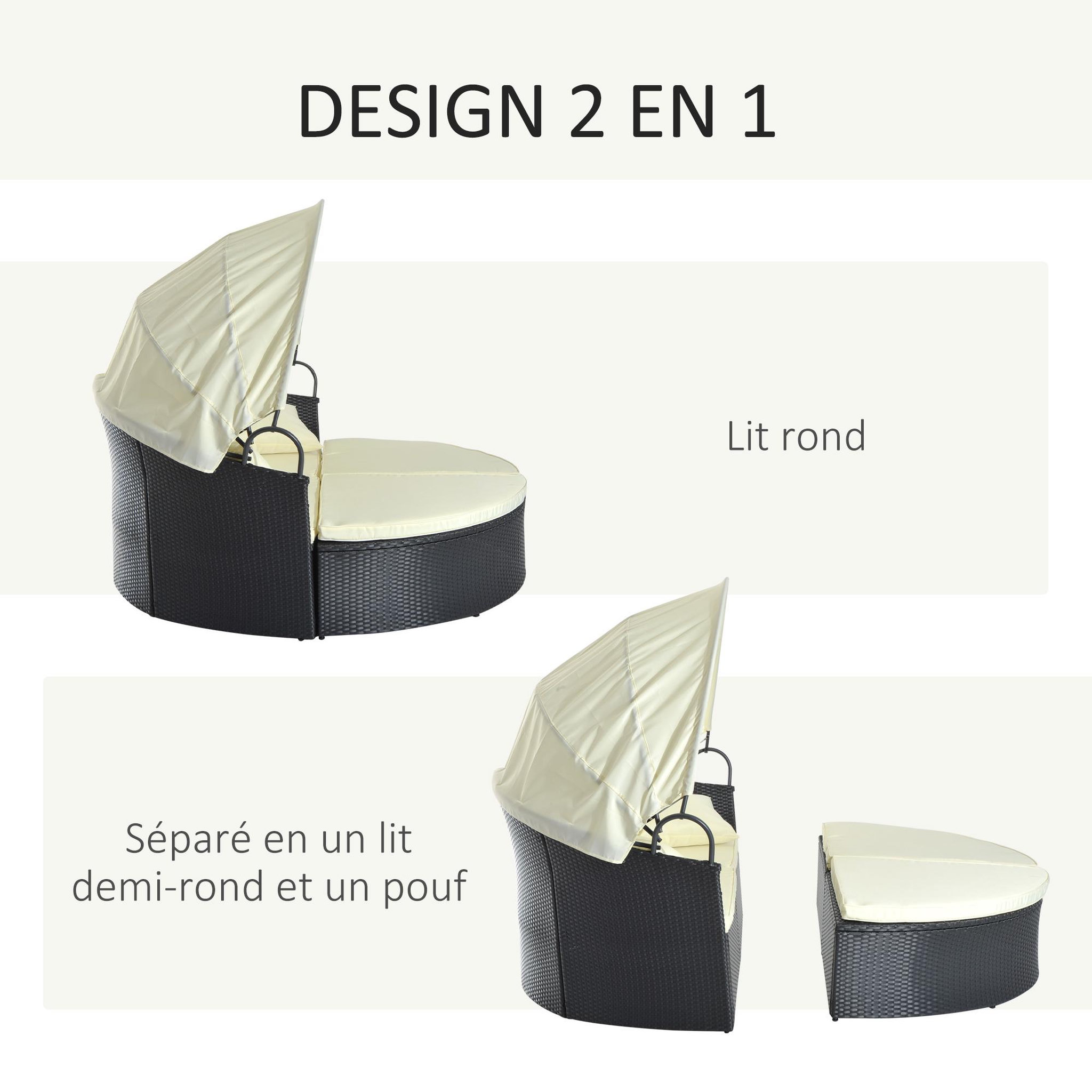 Voir la diapositive 4 : OUTSUNNY Lit canapé de jardin modulable pare-soleil pliable 4 coussins 3 oreillers résine tressée tissu noir beige
