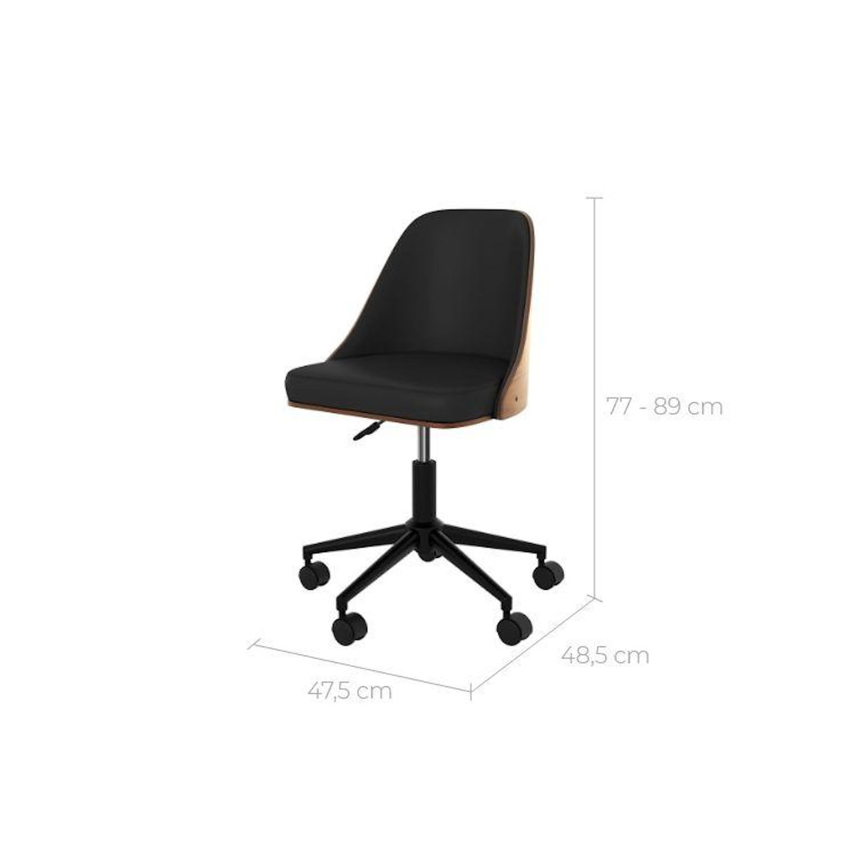 Rendez vous déco Chaise de bureau pivotante sur roulettes en bois foncé et PU noir-Georges