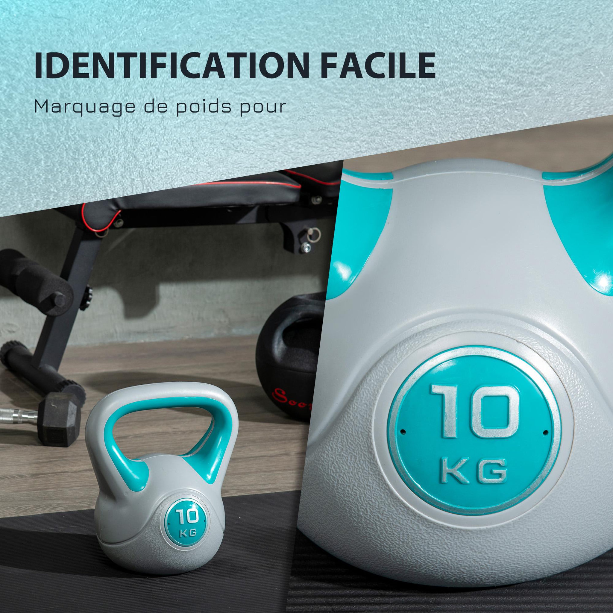 Voir la diapositive 5 : HOMCOM Kettlebell 10 kg - haltère boule - poignée ergonomique - pu gris bleu