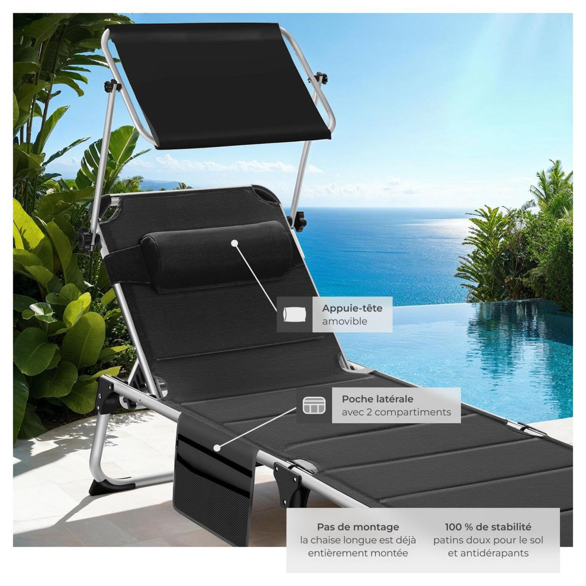 tectake Bain de soleil rembourré et pliable noir