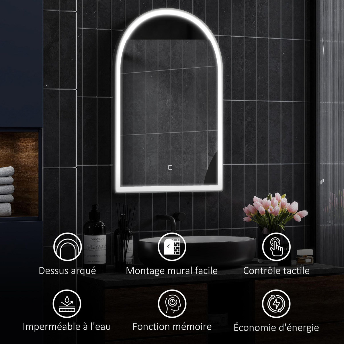 HOMCOM Miroir lumineux LED arqué de salle de bain 90 x 60 cm - tactile, réglable, anti-buée - alu noir