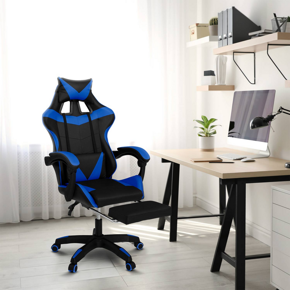 ID MARKET Fauteuil de gaming ALEX réglable avec repose-pied, coussin de tête et coussin lombaire noir et bleu
