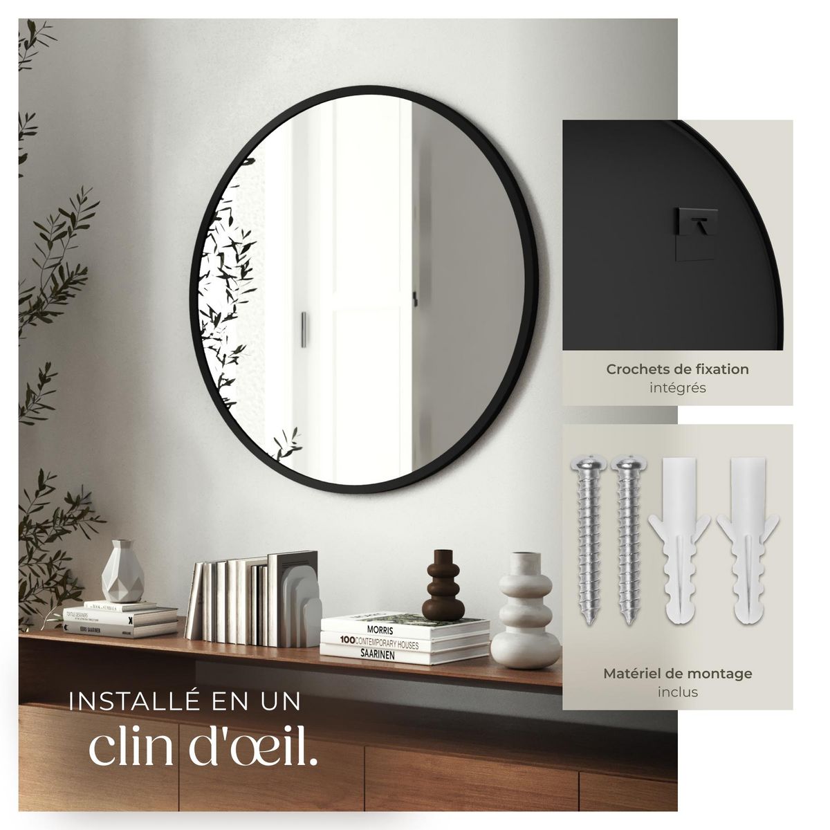 tectake Miroir mural rond Ø 70 cm noir
