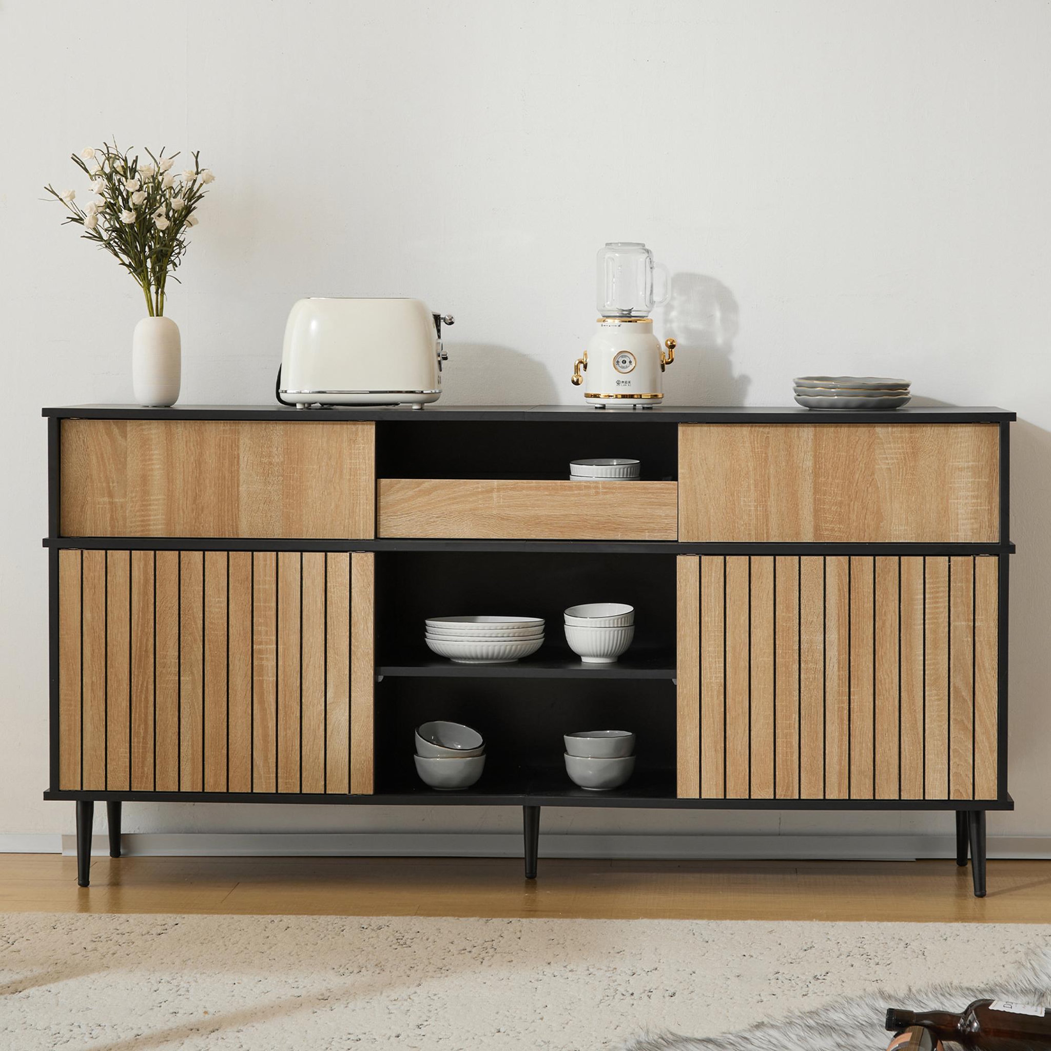 Voir la diapositive 2 : MERAX Buffet de cuisine 4 portes 1 tiroir - 160 cm noir+naturel panneau de particules