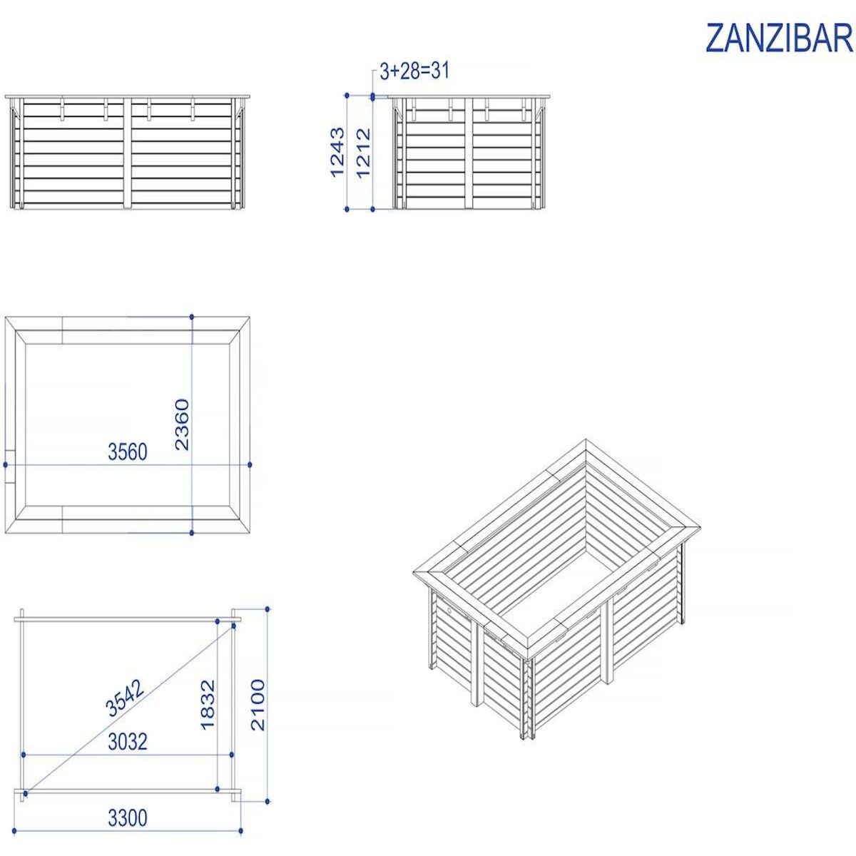 Habitat et Jardin Piscine bois rectangle   Zanzibar  - 3.50 x 2.30 x 1.24 m + Pompe à chaleur  3.5 kw/h - Hayward -  Micro  - Noir
