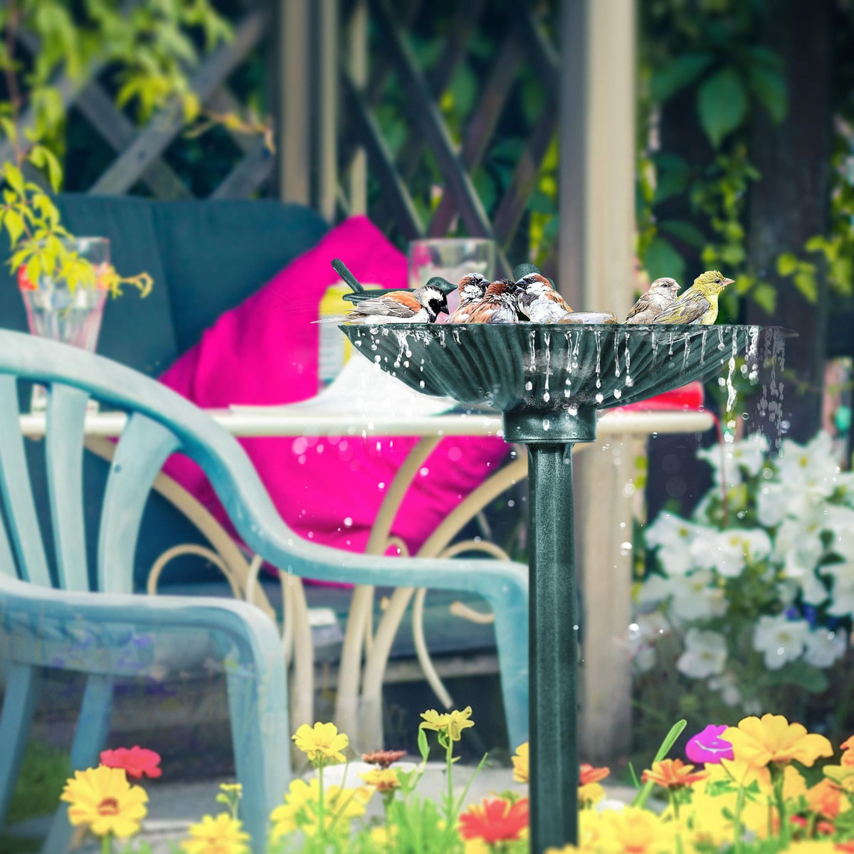 OUTSUNNY Bain d'oiseaux abreuvoir avec base de jardinière vert antique