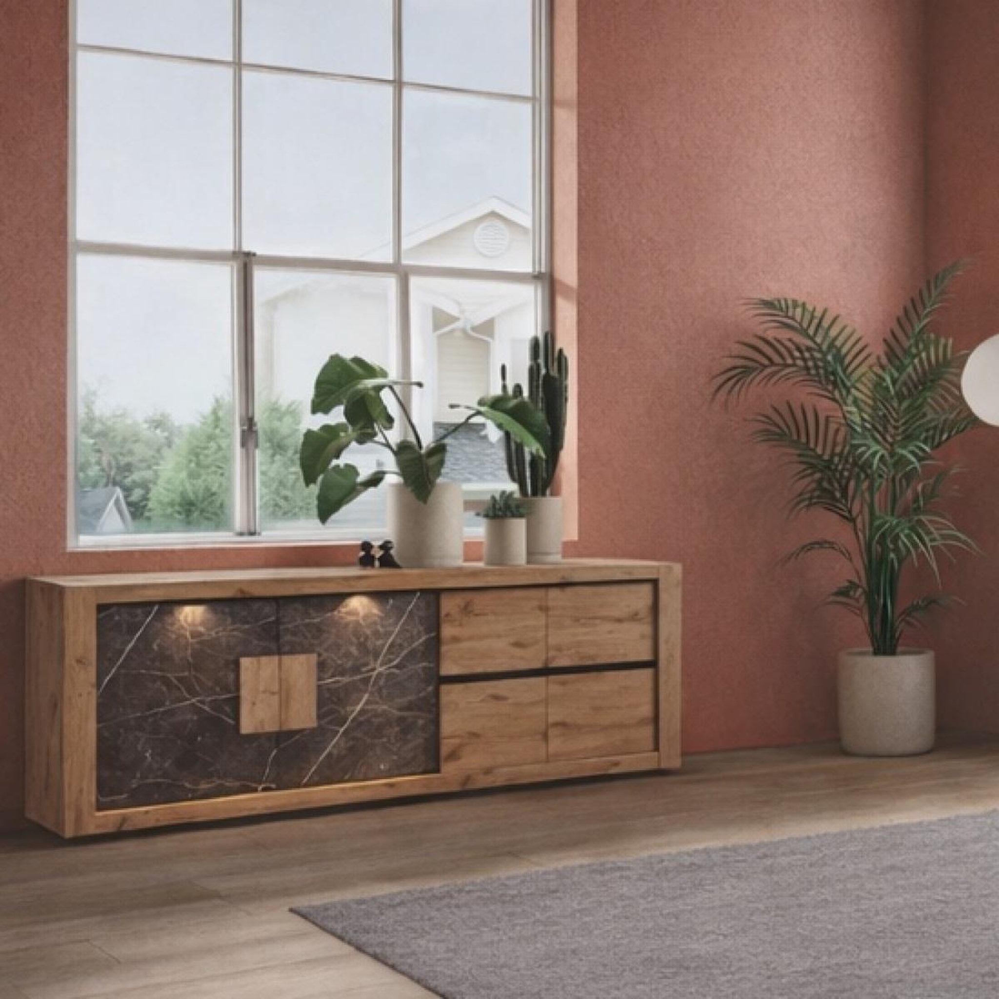 Voir la diapositive 2 : JLC KREATION Buffet moderne bois et marbre avec LED 240cm RACHA