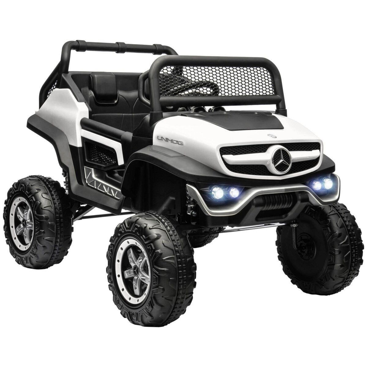 HOMCOM Voiture électrique 4x4 pour enfants de 3 à 8 ans 12 V Mercedes-Benz Unimog 2 moteurs avec télécommande, roues suspendues, klaxons, lumières, musique, blanc