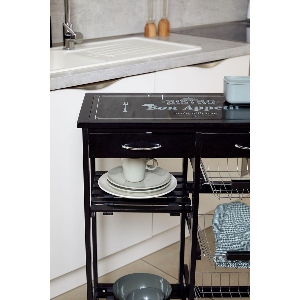 Wenko Desserte de cuisine à roulettes bois Bon Appetit - L. 67 x H. 86 cm - Noir
