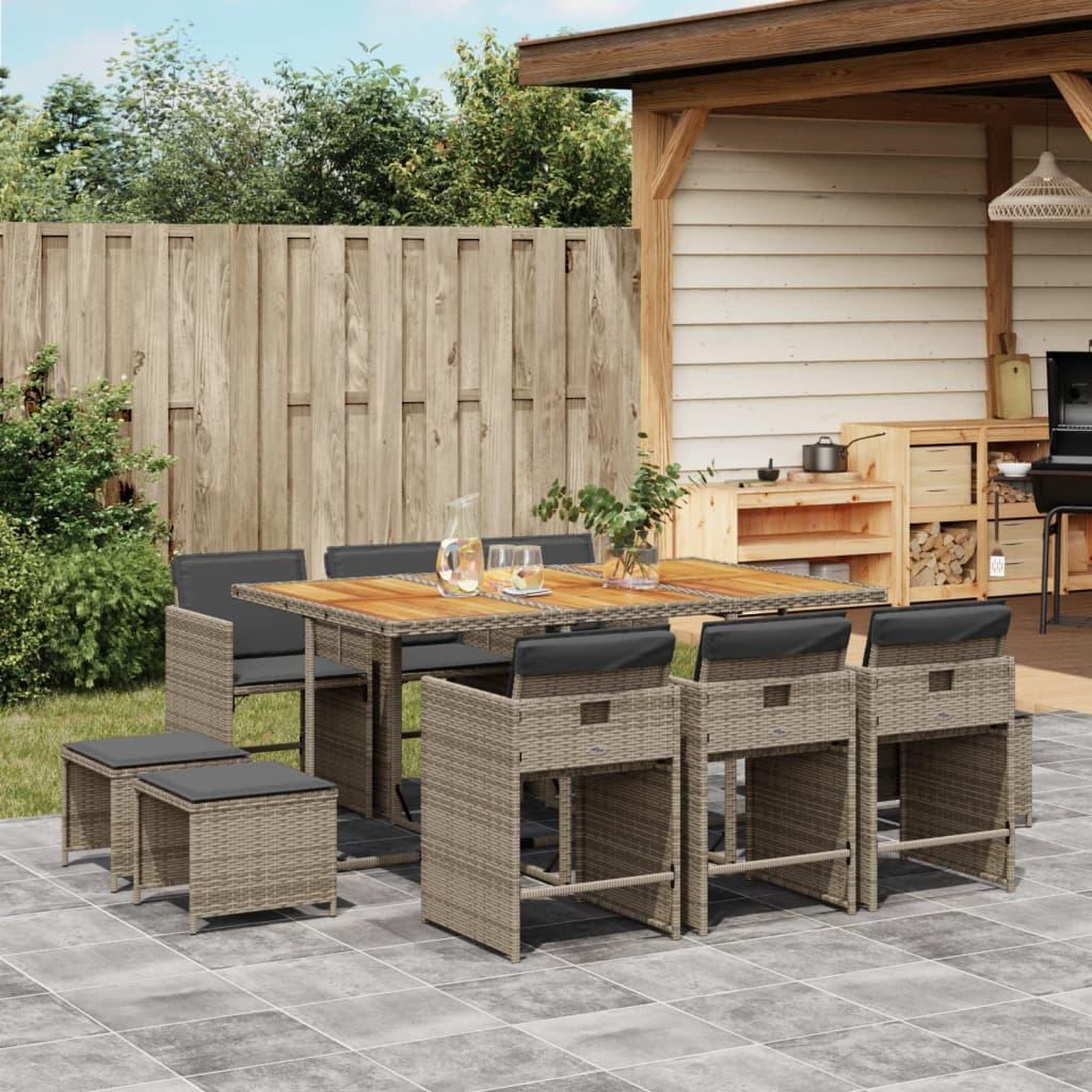 VIDAXL Ensemble a manger de jardin 11pcs avec coussins gris poly rotin