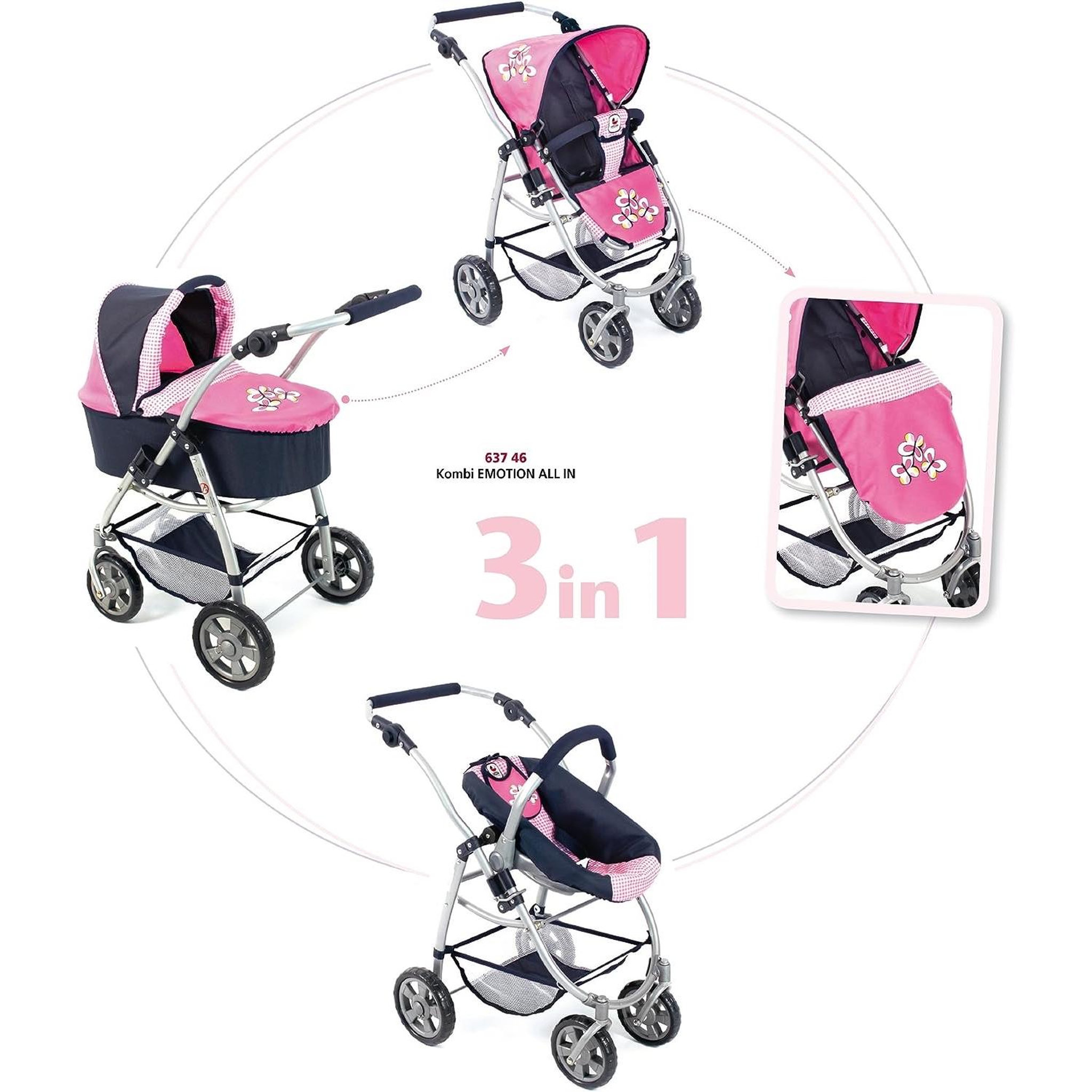 Voir la diapositive 2 : BAYER CHIC 2000 La poussette pour poupée combinée 3 en 1 EMOTION - ALL IN- - Marine et rose