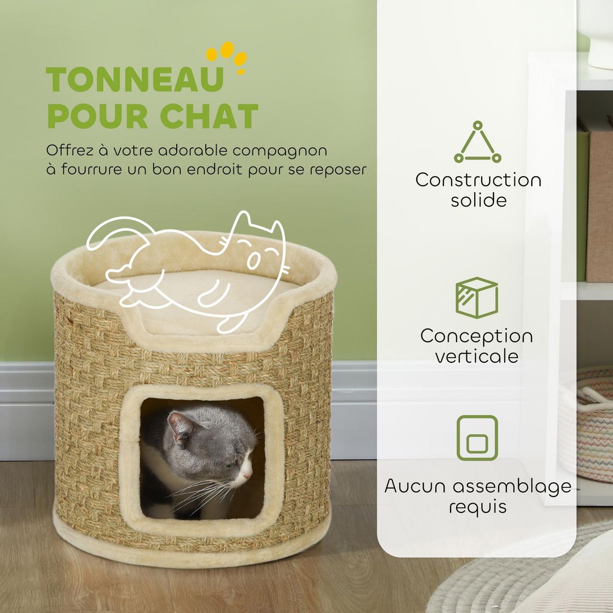 PAWHUT Panier coussin griffoir chat 3 en 1 design tonneau - Ø 38 x 37H cm - jonc de mer peluche beige