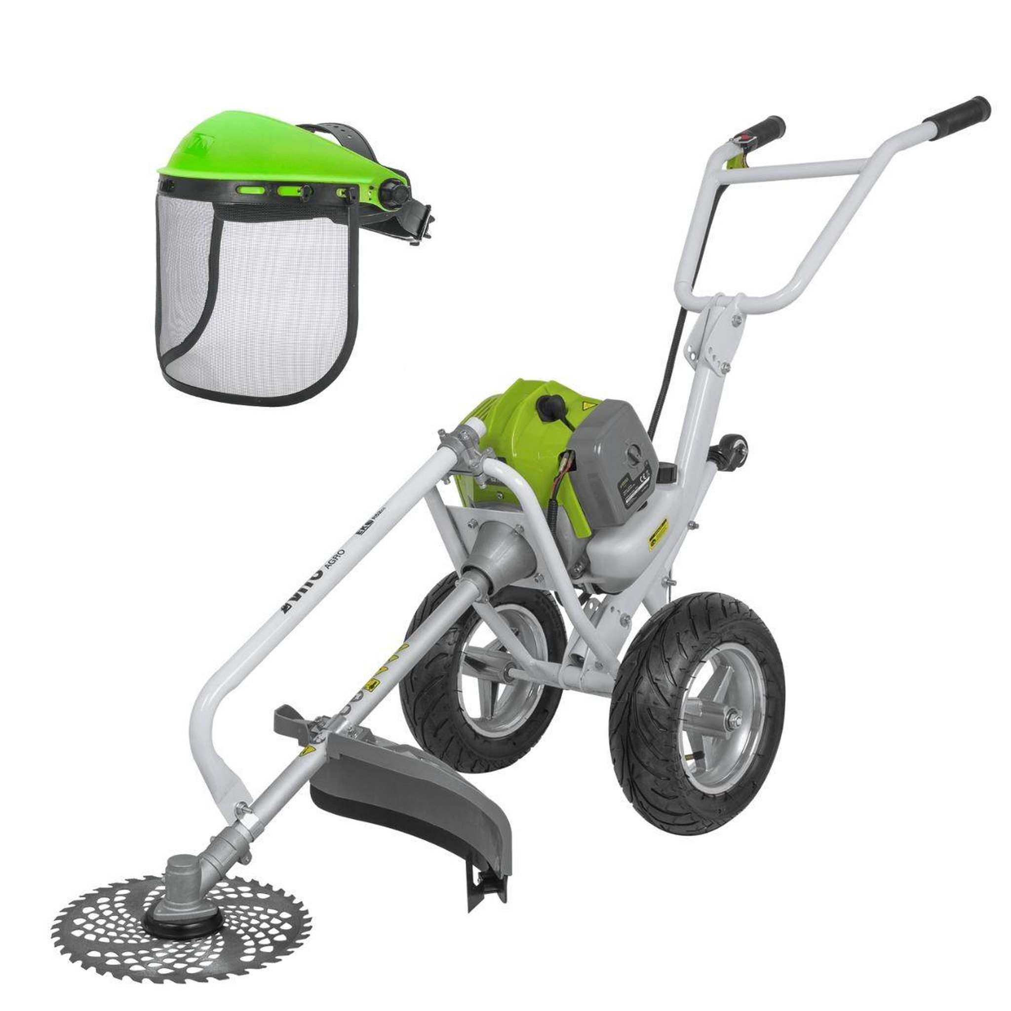 VITO Débroussailleuse thermique 52cm³ à roues lame ø 255 mm + casque de sécurité grillagé vito
