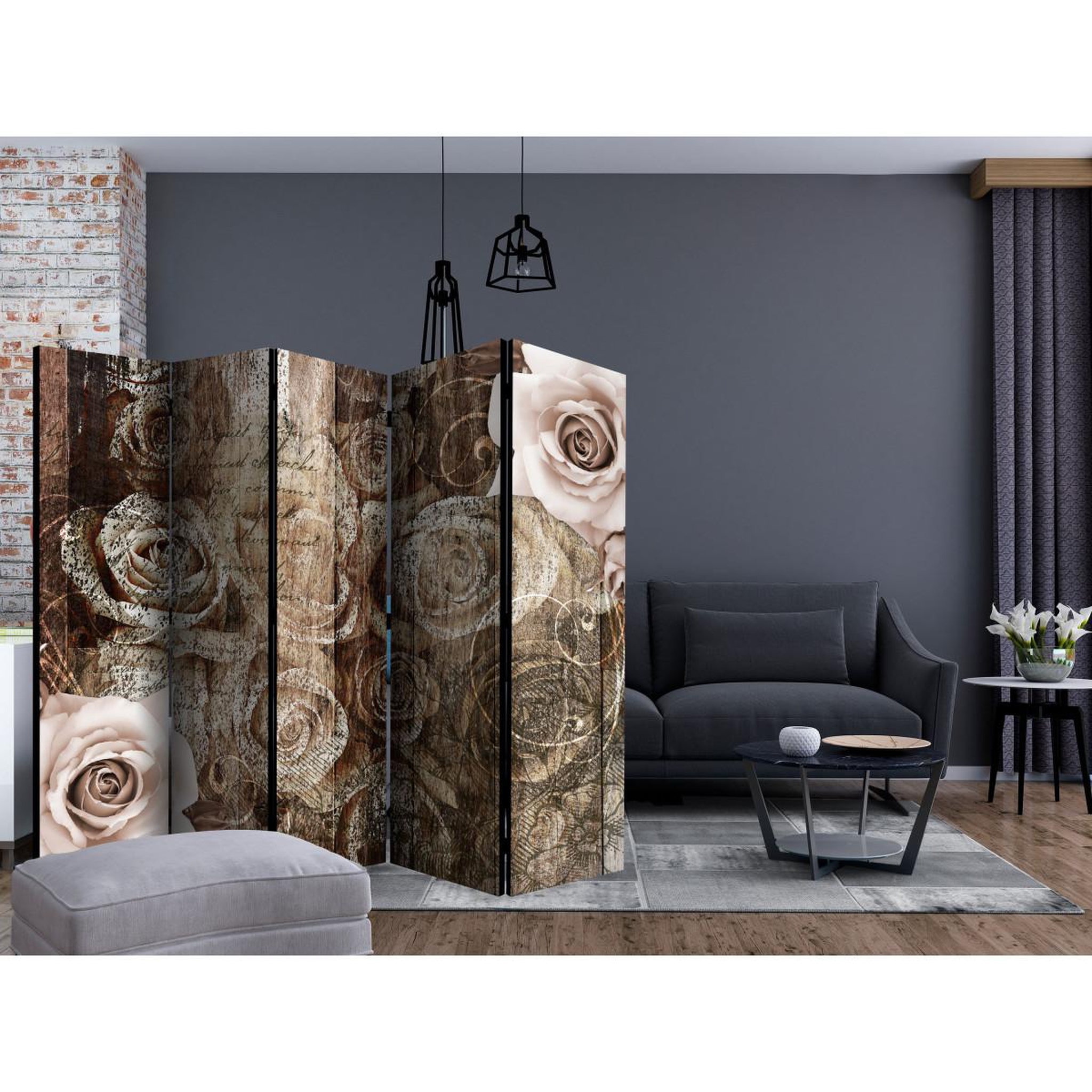 Voir la diapositive 2 : Paris Prix Paravent 5 volets  old wood & roses  172x225cm