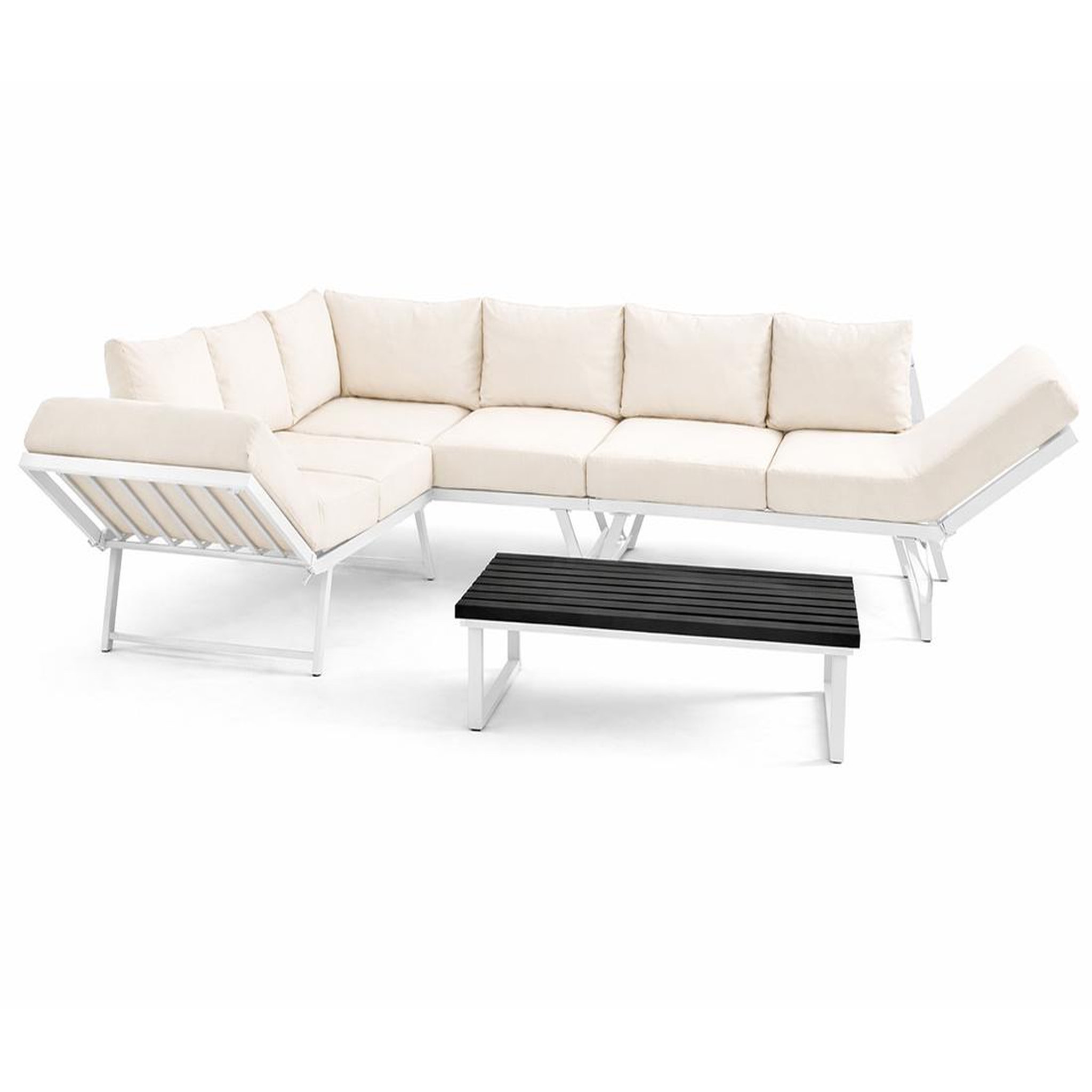 Voir la diapositive 3 : BEST MOBILIER Konna - salon de jardin d'angle en acier blanc - 5 places - coussin beige et table incluse