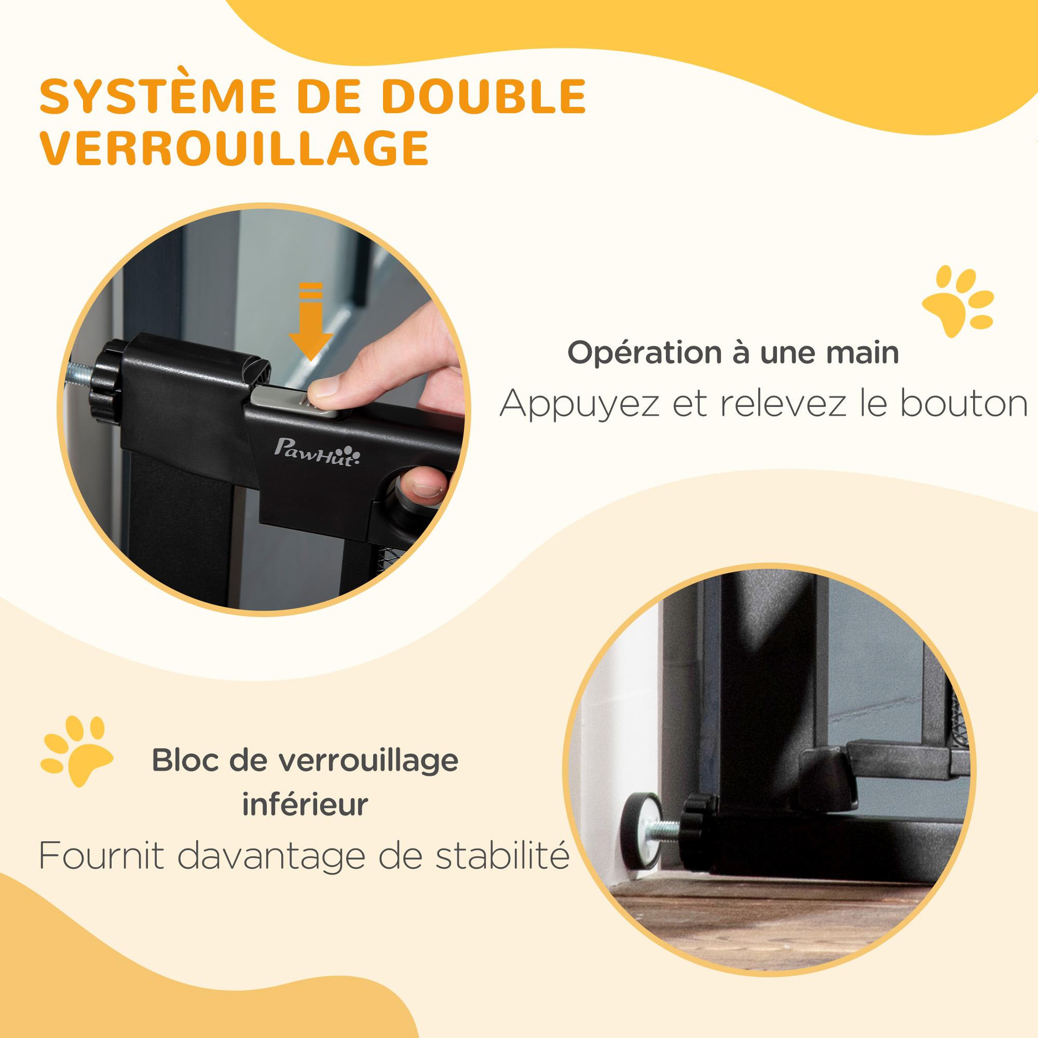 Voir la diapositive 5 : PAWHUT Barrière de sécurité animaux - longueur réglable dim. 75-103 cm - porte double verrouillage, ouverture double sens -sans perçage - acier abs noir