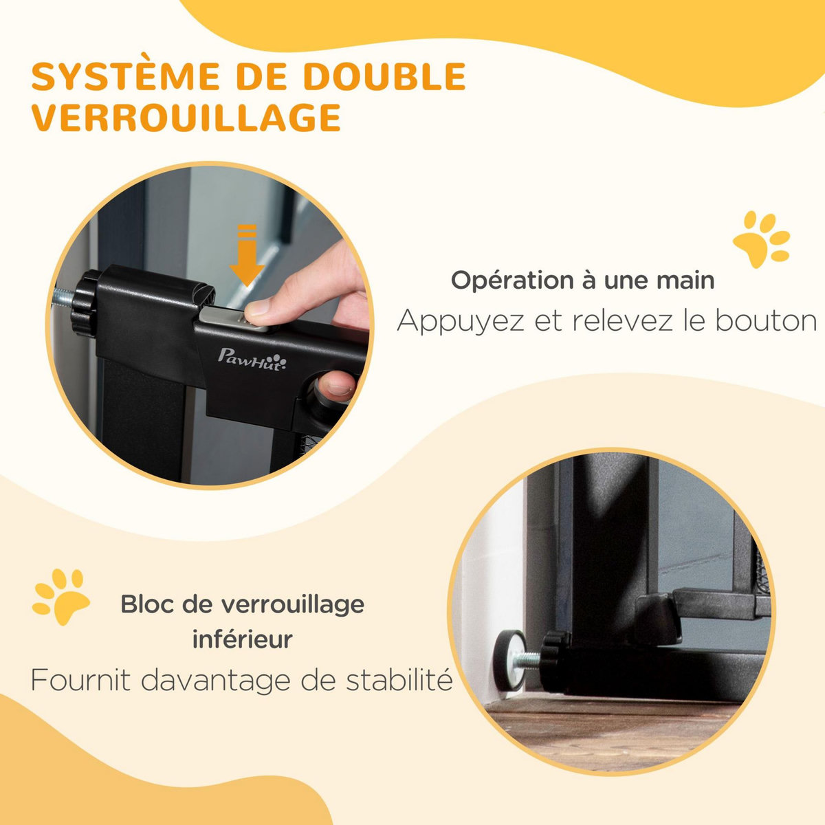 PAWHUT Barrière de sécurité animaux - longueur réglable dim. 75-103 cm - porte double verrouillage, ouverture double sens -sans perçage - acier ABS noir