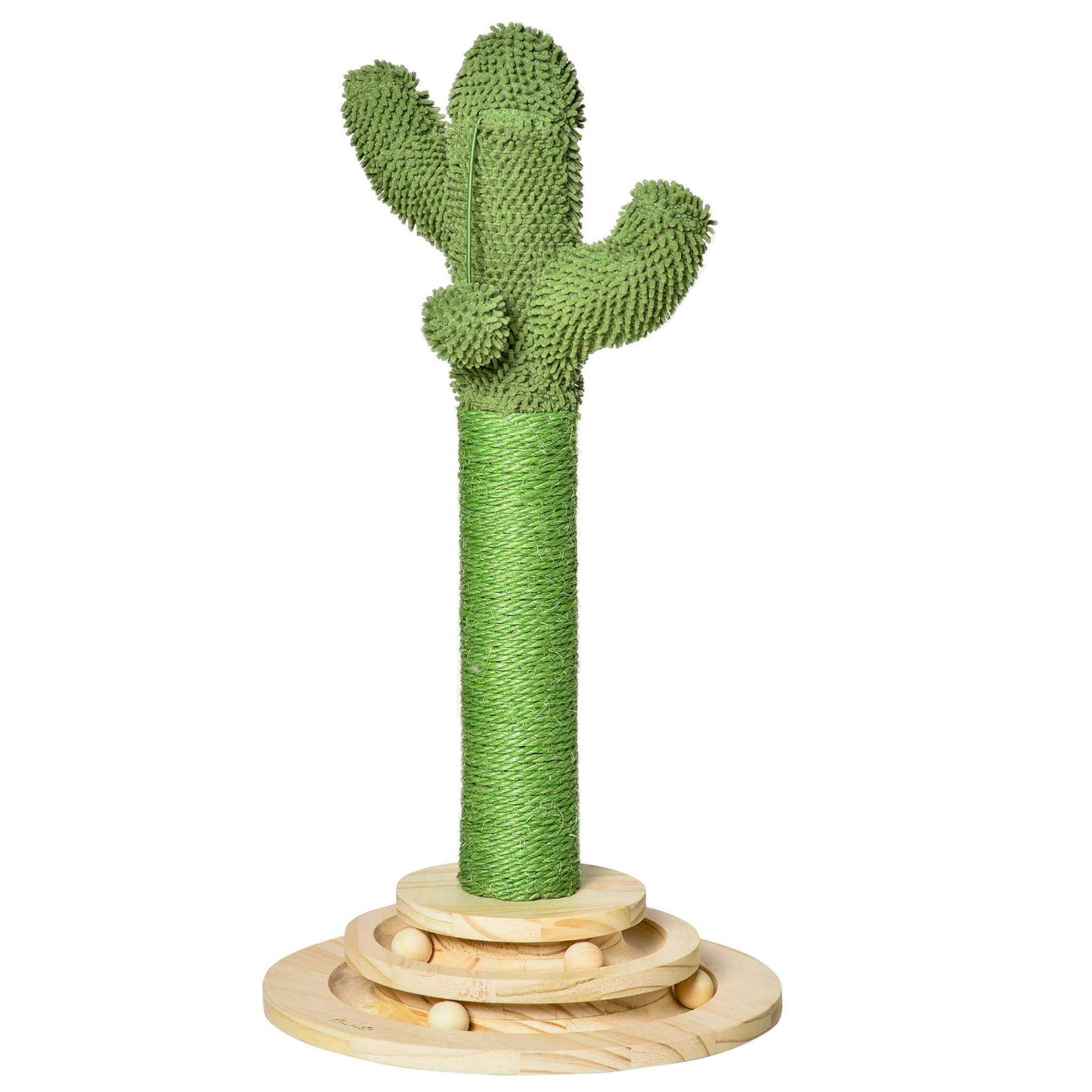 PAWHUT Griffoir chat design cactus - jouet pompon suspendu, jouet boules - bois de pin sisal vert