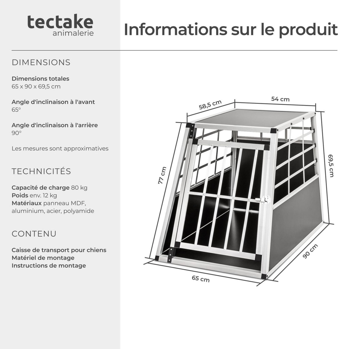 tectake Cage de transport pour chiens sécurisée avec dos droit noir 65 x 90 x 69,5 cm