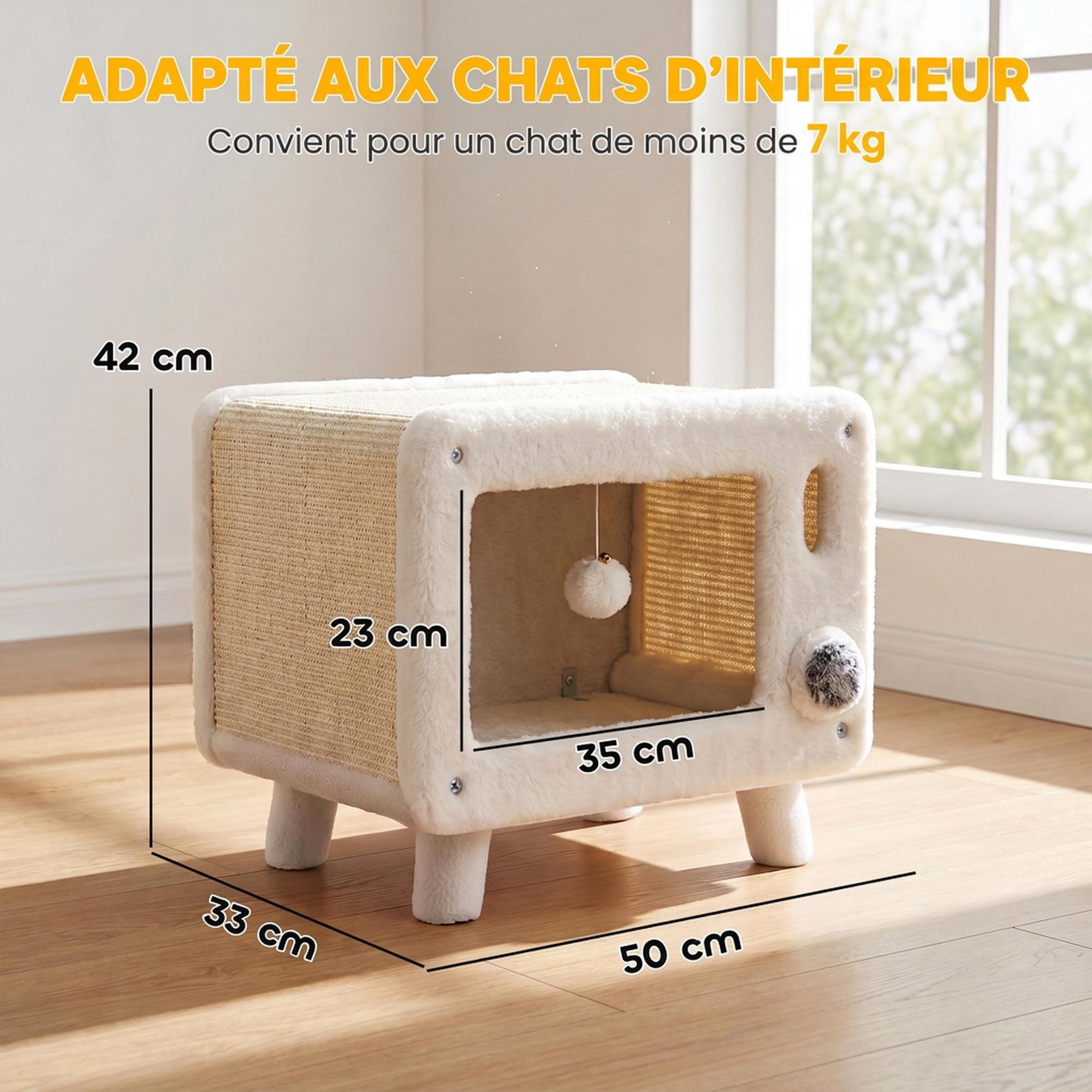 Voir la diapositive 3 : PAWHUT Grattoir niche chat 2 en 1 design télévision cosy 50 x 33 x 42 cm crème