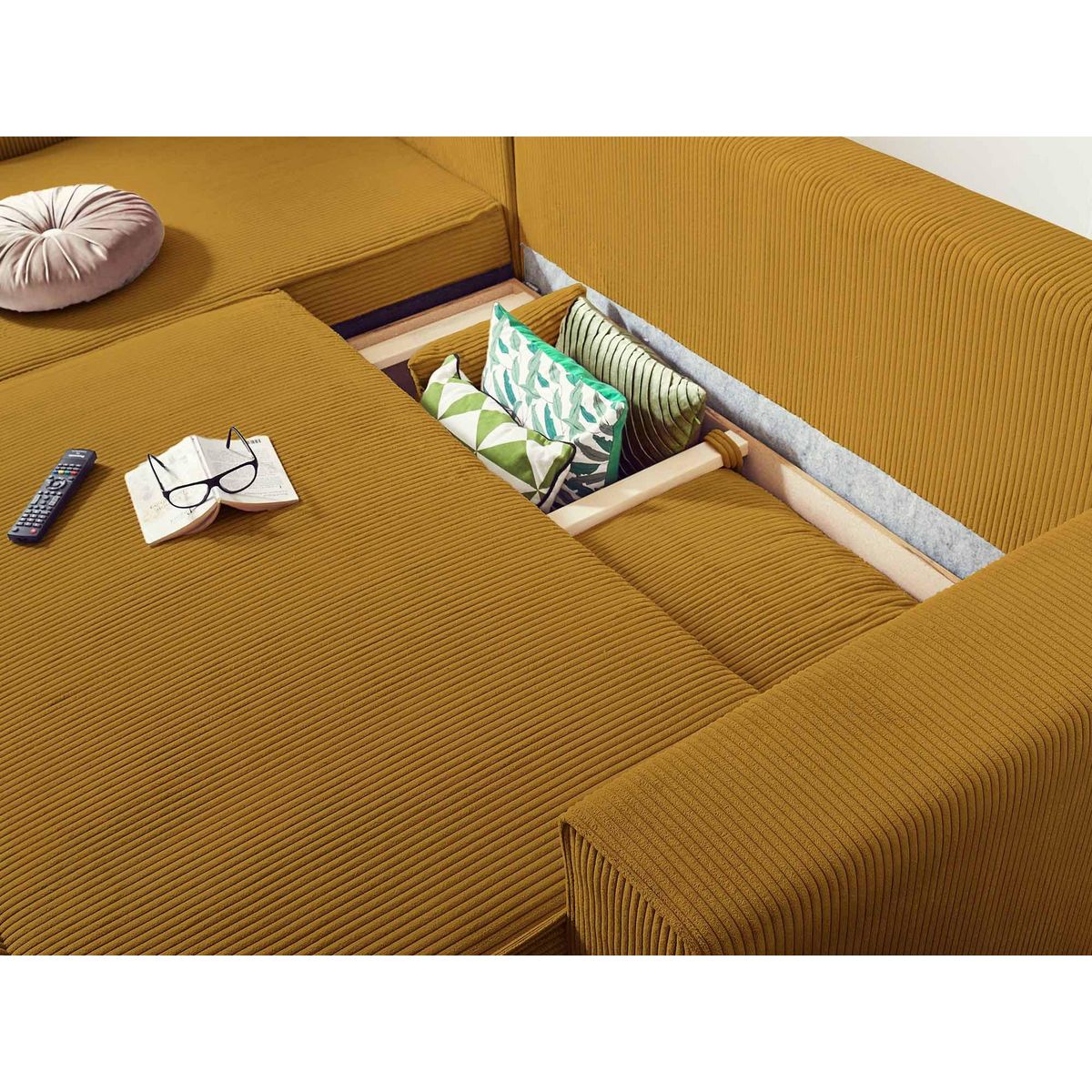 BEST MOBILIER Dellia - canapé d'angle réversible convertible - avec coffre - en velours côtelé - 4 places