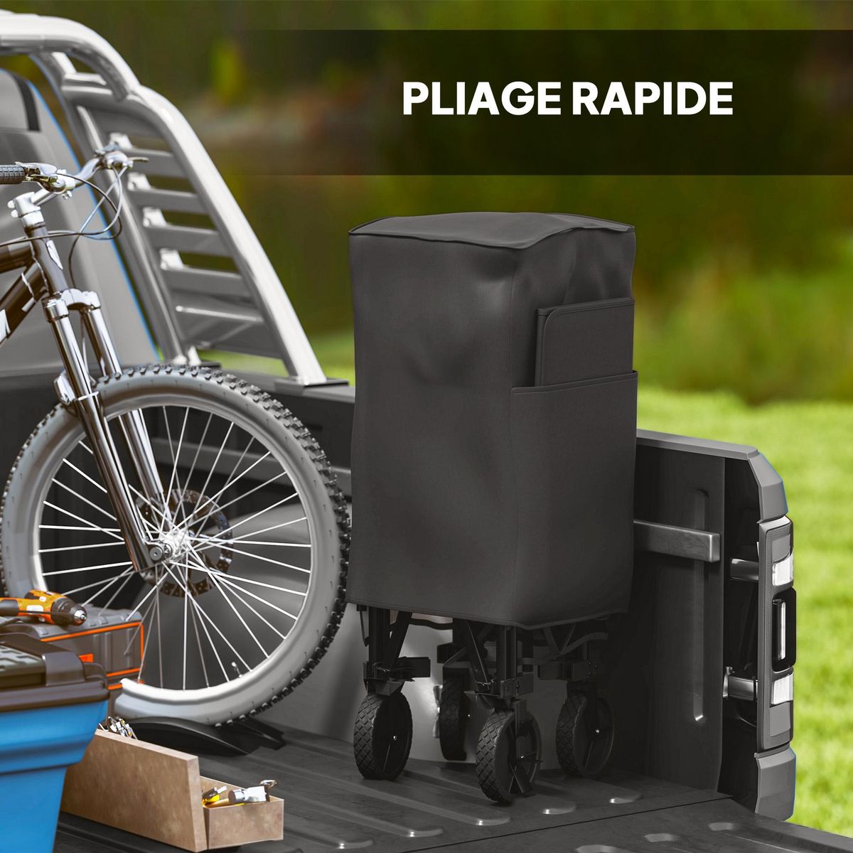 OUTSUNNY Chariot de jardin pliable multi-rangement max. 200 Kg - poignée teslescopique - roues tout terrain noir