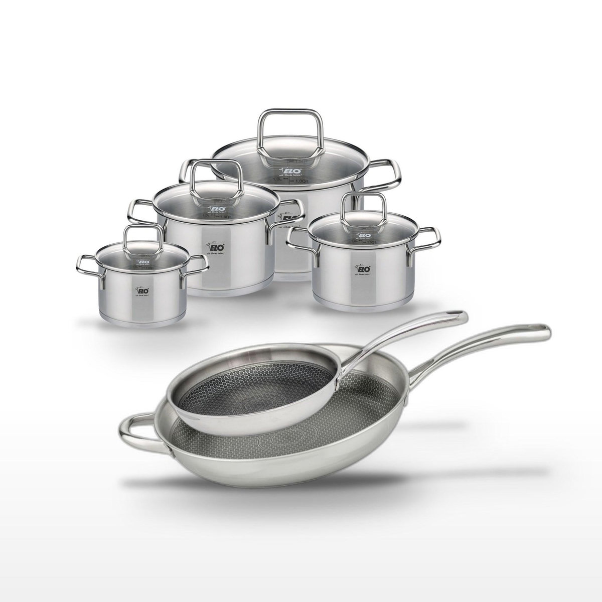 ELO Lot de 2 Poêles 28/32 cm et 4 Faitouts Elo Relief Evolution