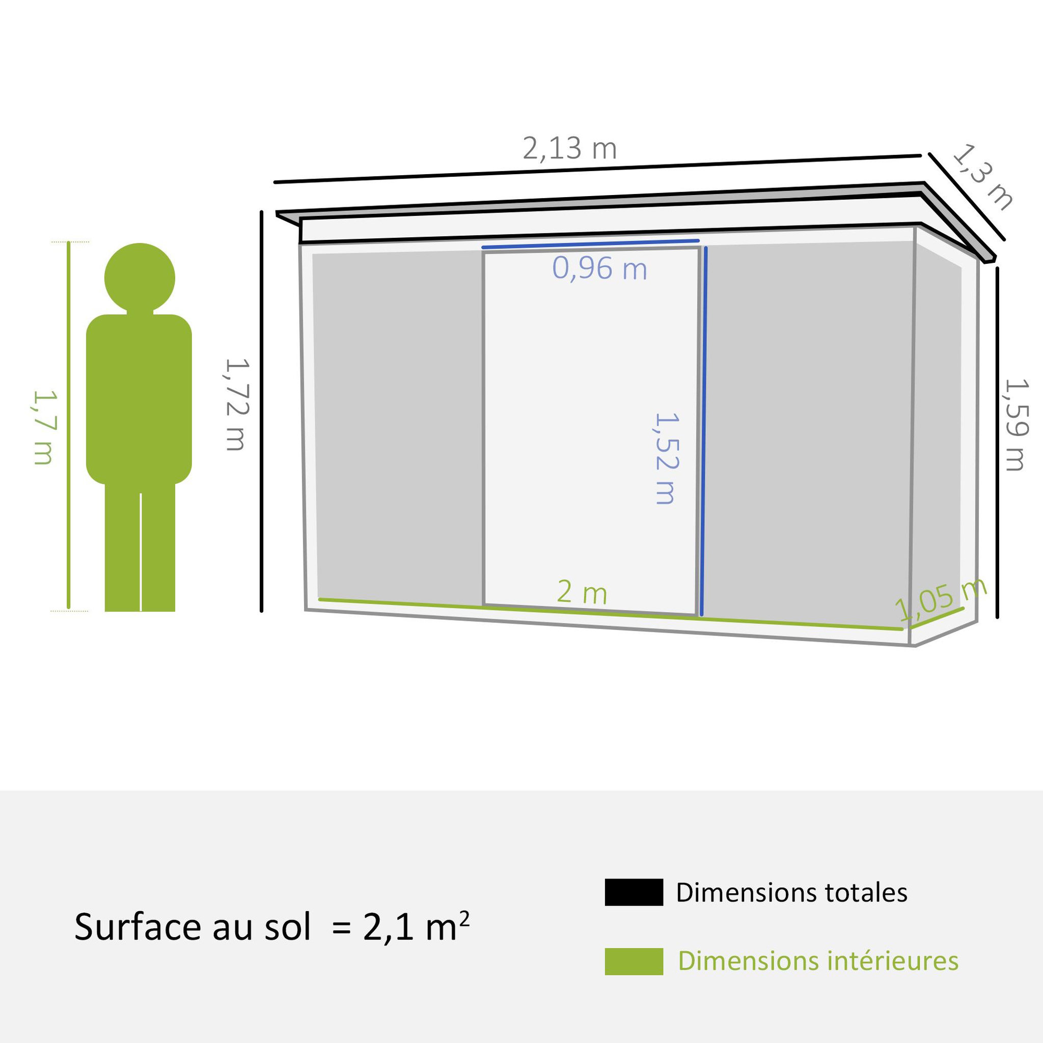 Voir la diapositive 3 : OUTSUNNY Abri de jardin - remise pour outils - fondation incluse - cabanon 2 portes coulissantes verrouillables - dim. 213L x 130l x 173H cm - tôle d'acier vert