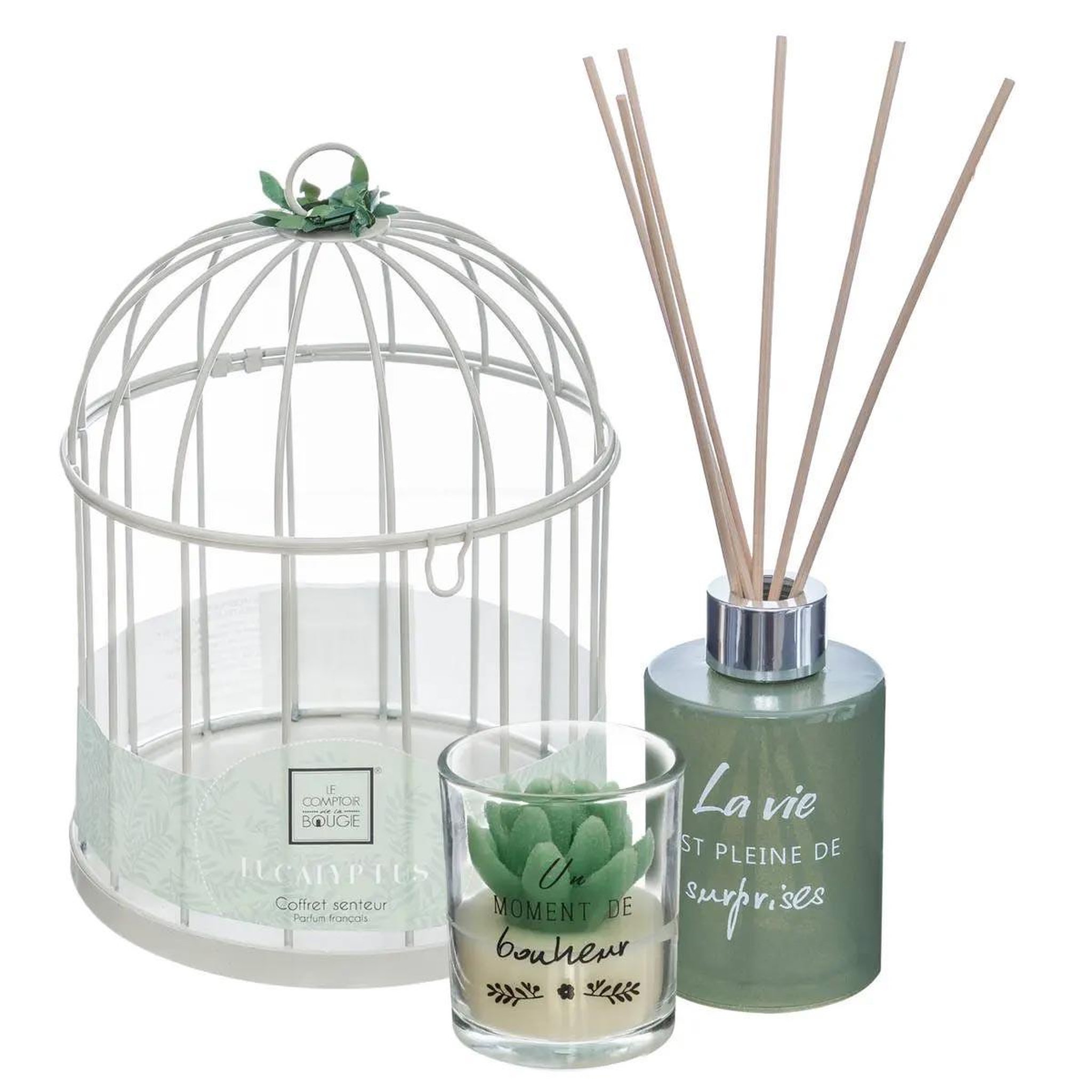 Voir la diapositive 2 : COMPTOIR DE LA BOUGIE Coffret de fragrances  cage  20cm eucalyptus